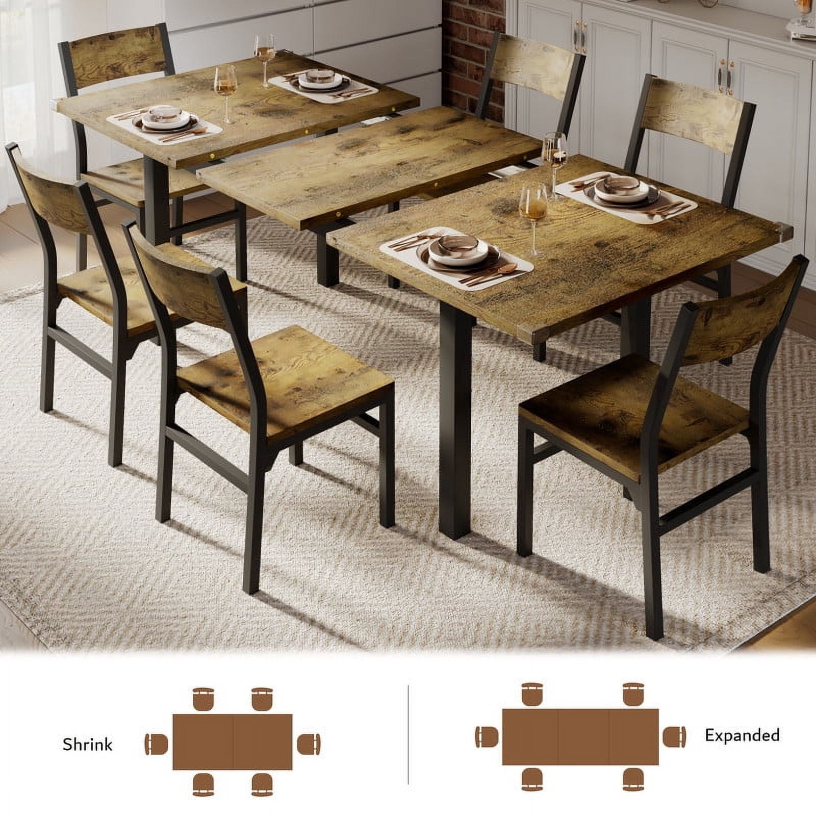 Virans 7-Piece Dining Table & Chairs Set for 4-6, 63 Extendable Kitchen Table with 6 Chairs, Dining Room Table with Metal Frame & MDF Board, Perfect for Small Space, Easy Assembly,Espresso