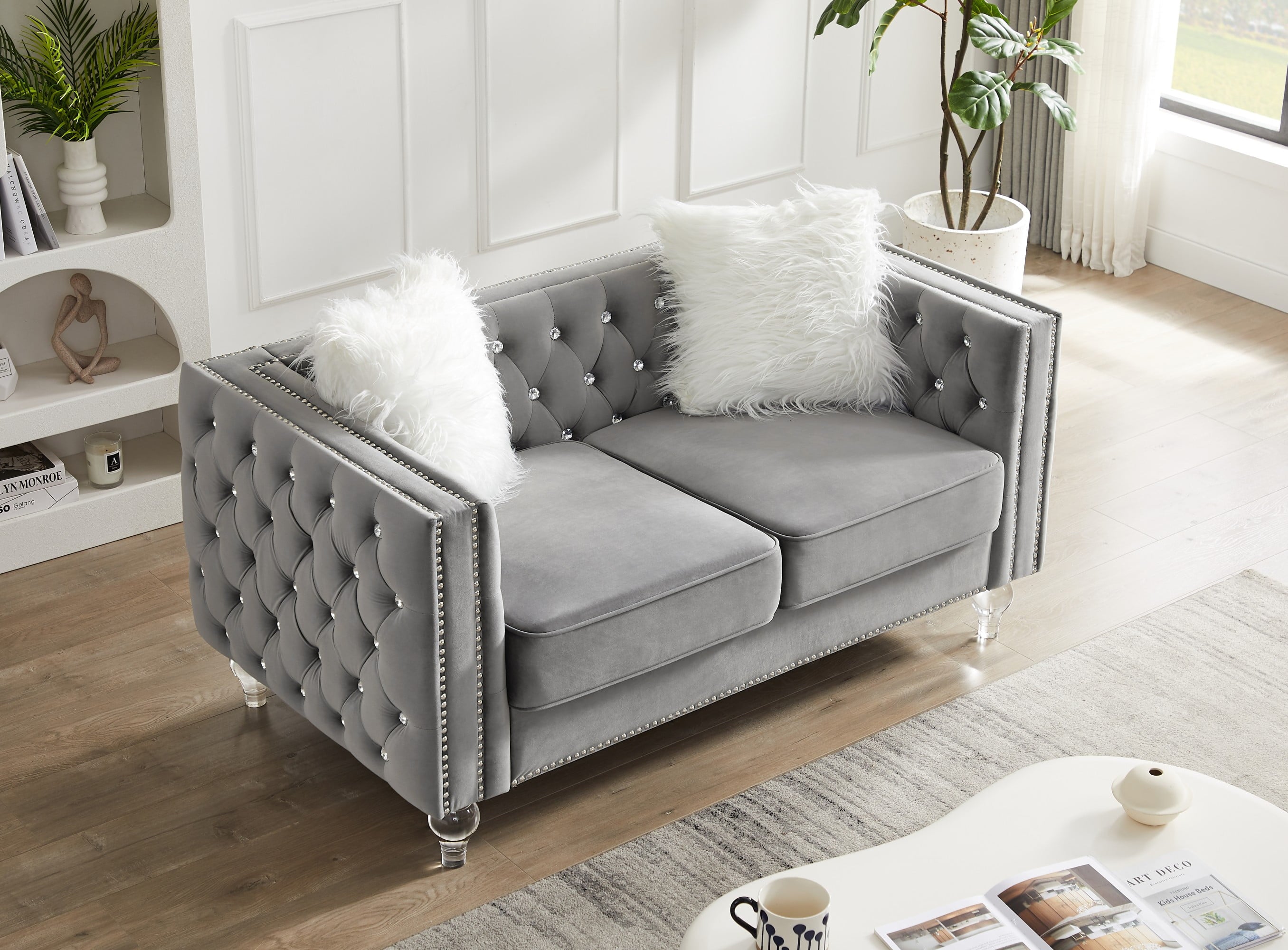 Gewnee 86.6 Modern Sofa Couch,Teddy Velvet 3 Seaters Comfy Couch with Deep Seat for Living Room,2 Pillows,Beige