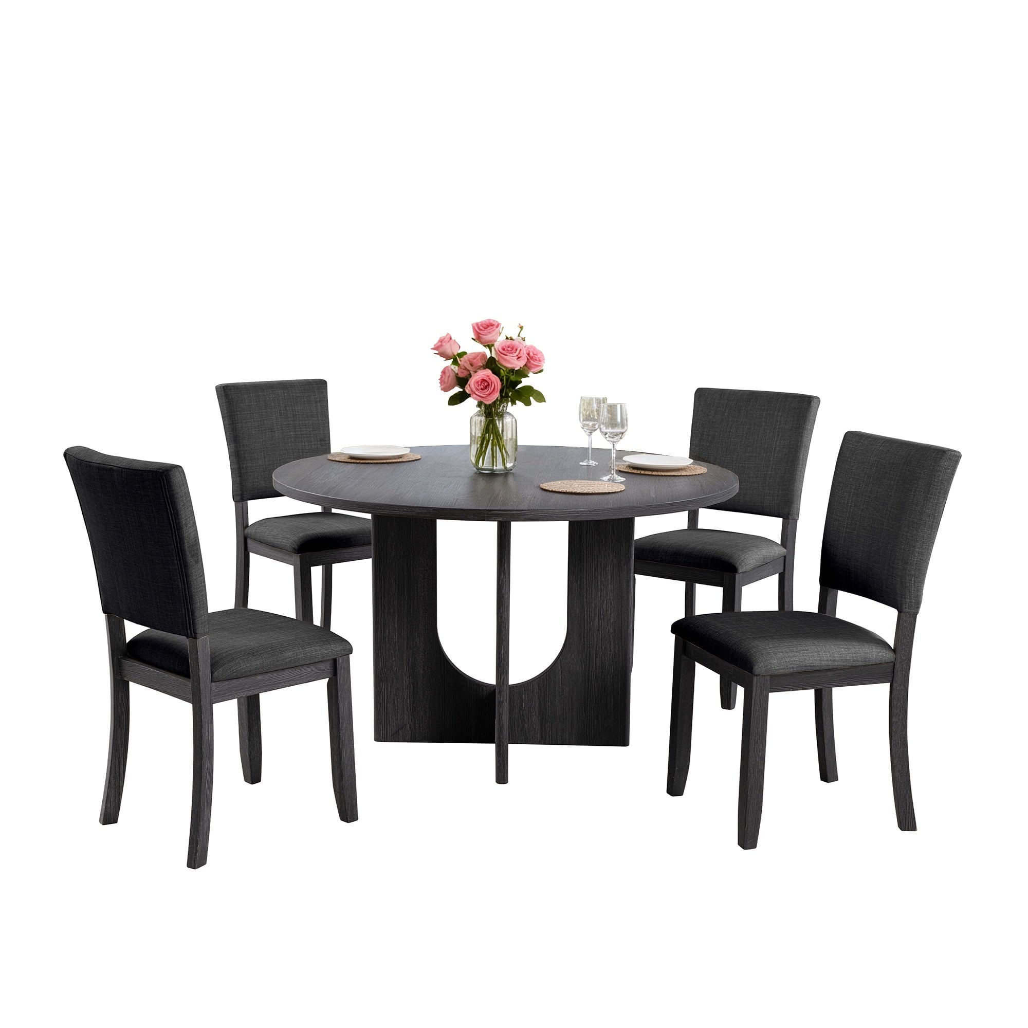Leovanni Modern 48 5-Piece Solid Wood Dining Table Set with 4 Upholstered Chairs, Rectangular Kitchen & Dining Room Set, Natural