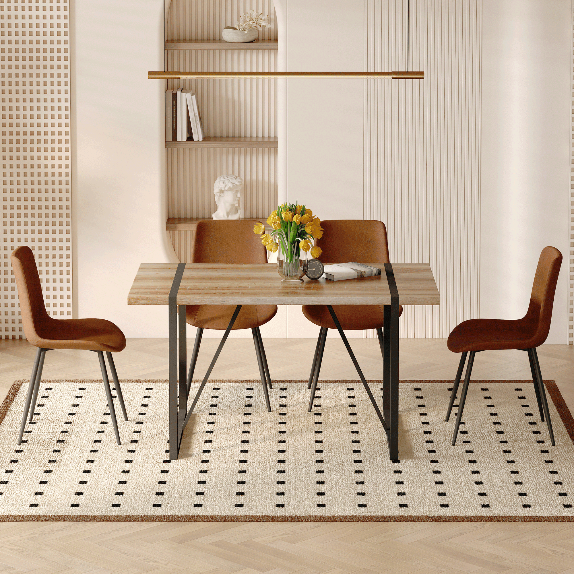 JUFU 55 Dining Table Set for 4, Modern Table and Chairs Set of 4, 5 Piece Dining Table Set Include Wooden Kitchen Table and 4 Faux Leather Chairs Ideal for Kitchen Dining Room Easy to Assemble