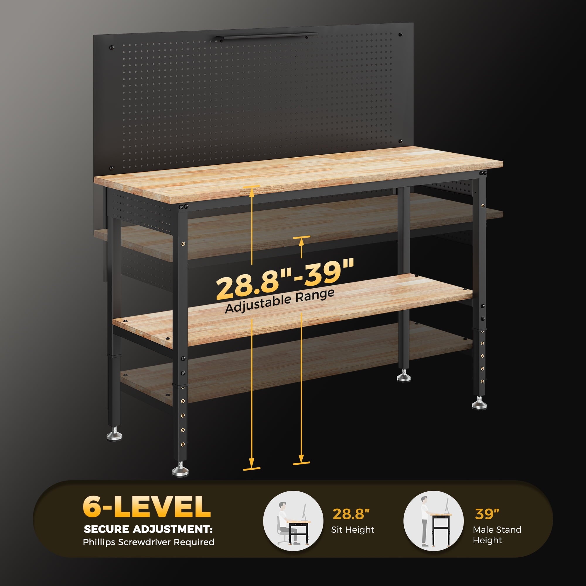 60 Multifunctional Heavy Duty Workbench for Garage with Pegboard,2000LBS Load,Adjustable Height,LED Light,Rubberwood Tabletop