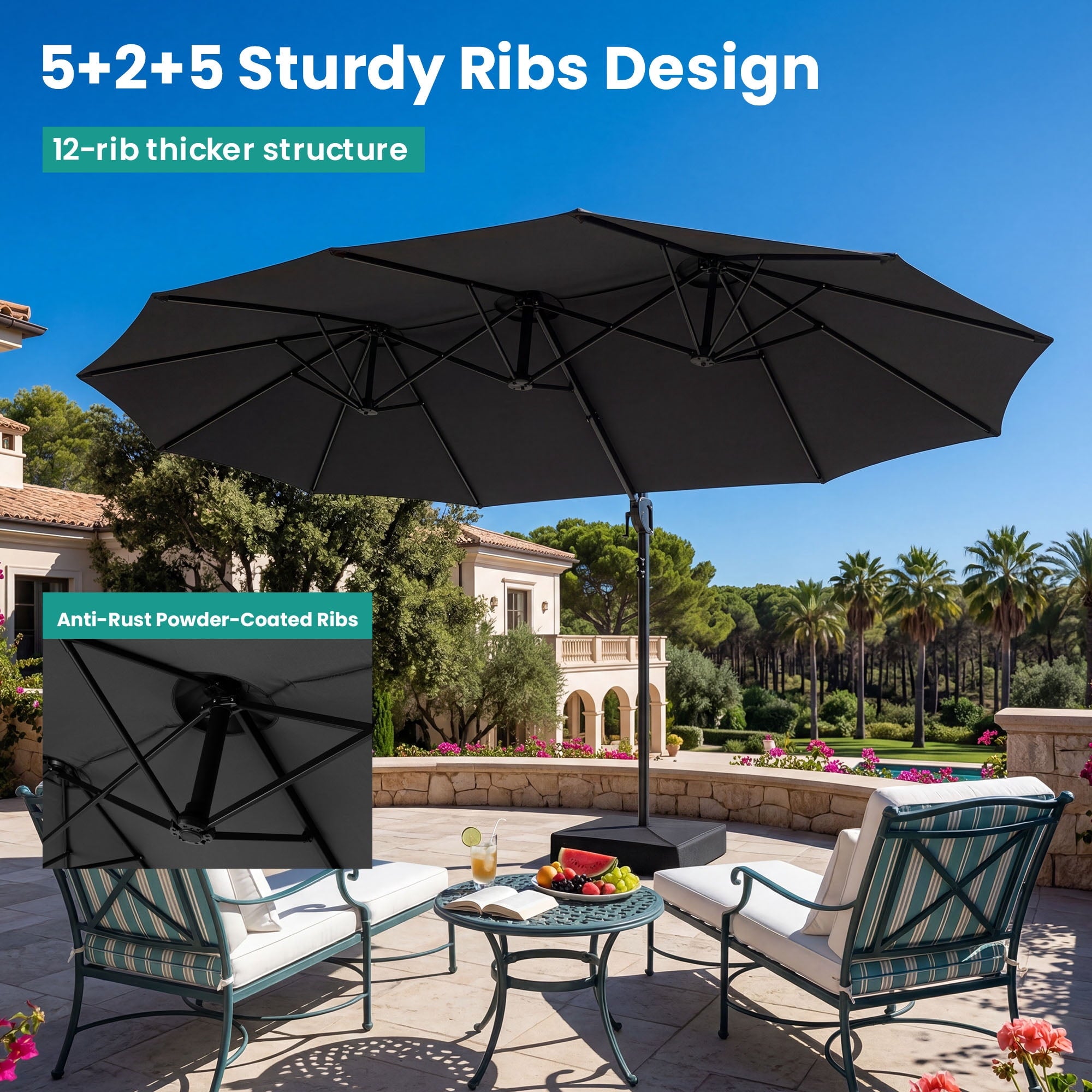 MOALCOFER 15 x 9 FT Double Sided Patio Umbrella with Base Included, Outdoor Rectangular Market Umbrella with Crank Lift, 12 Reinforced Ribs， Khaki