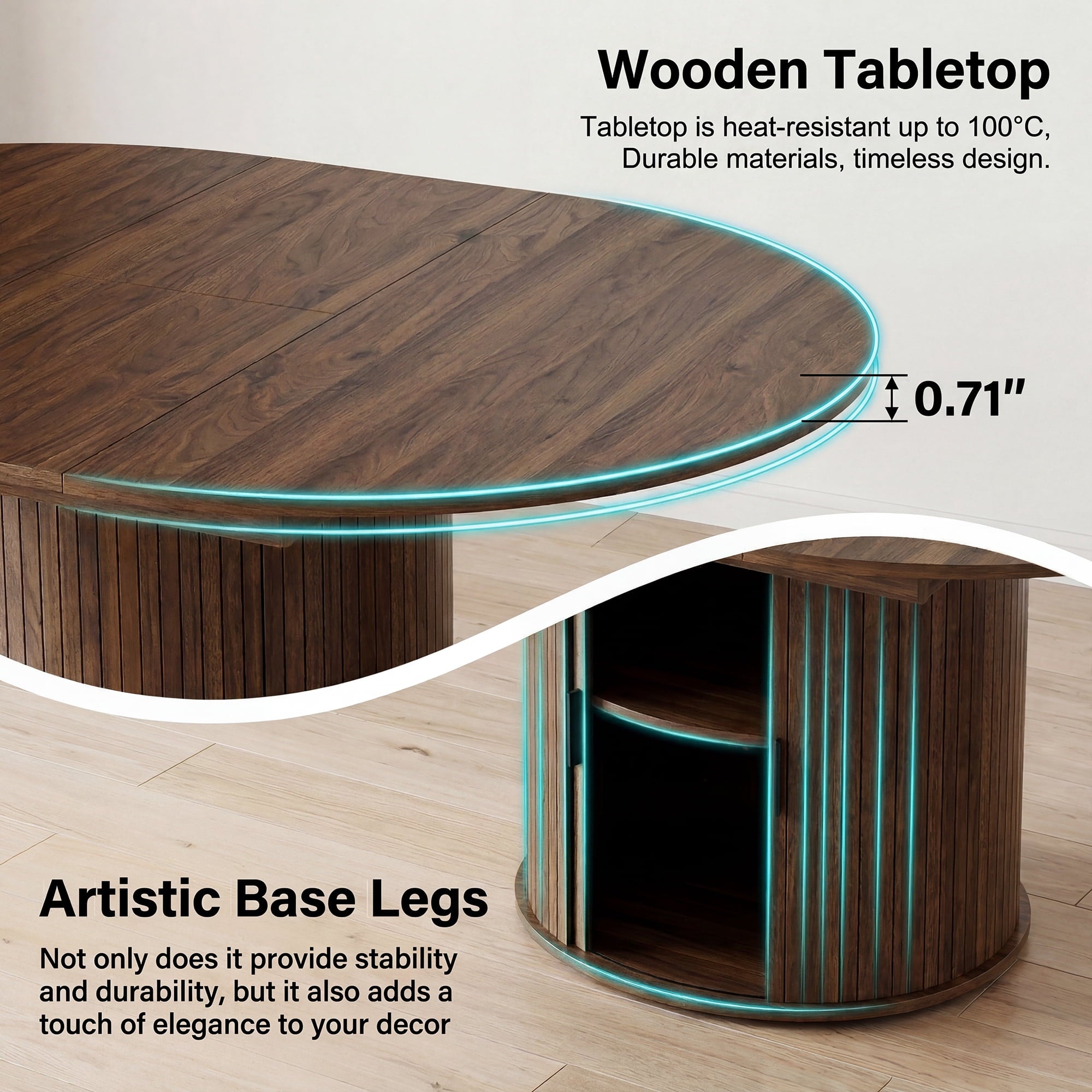 EOP 47″- 63″ Extendable Round Dining Table for 4-6, Wooden Kitchen Table with Hidden Storage and Fluted Sliding Door Cabinet, Modern Space-Saving Table for Dining Room Kitchen, Natural Wood