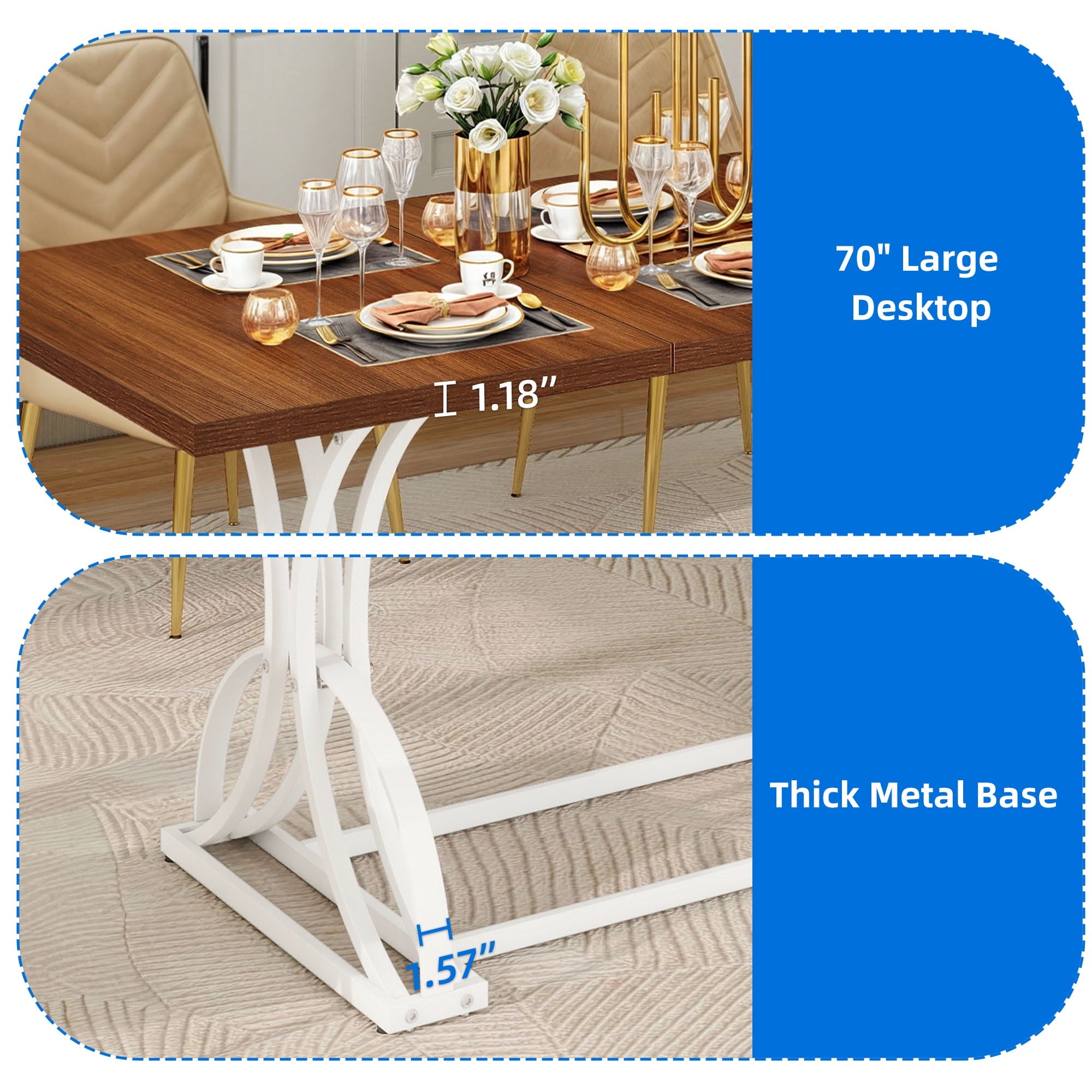 Dextrus 70 Wood Dinner Table for 6-8 Person, Rectangular Kitchen Table with Metal Leg for Gathering, Meeting, Office Kitchen, Dining Living Room, Walnut