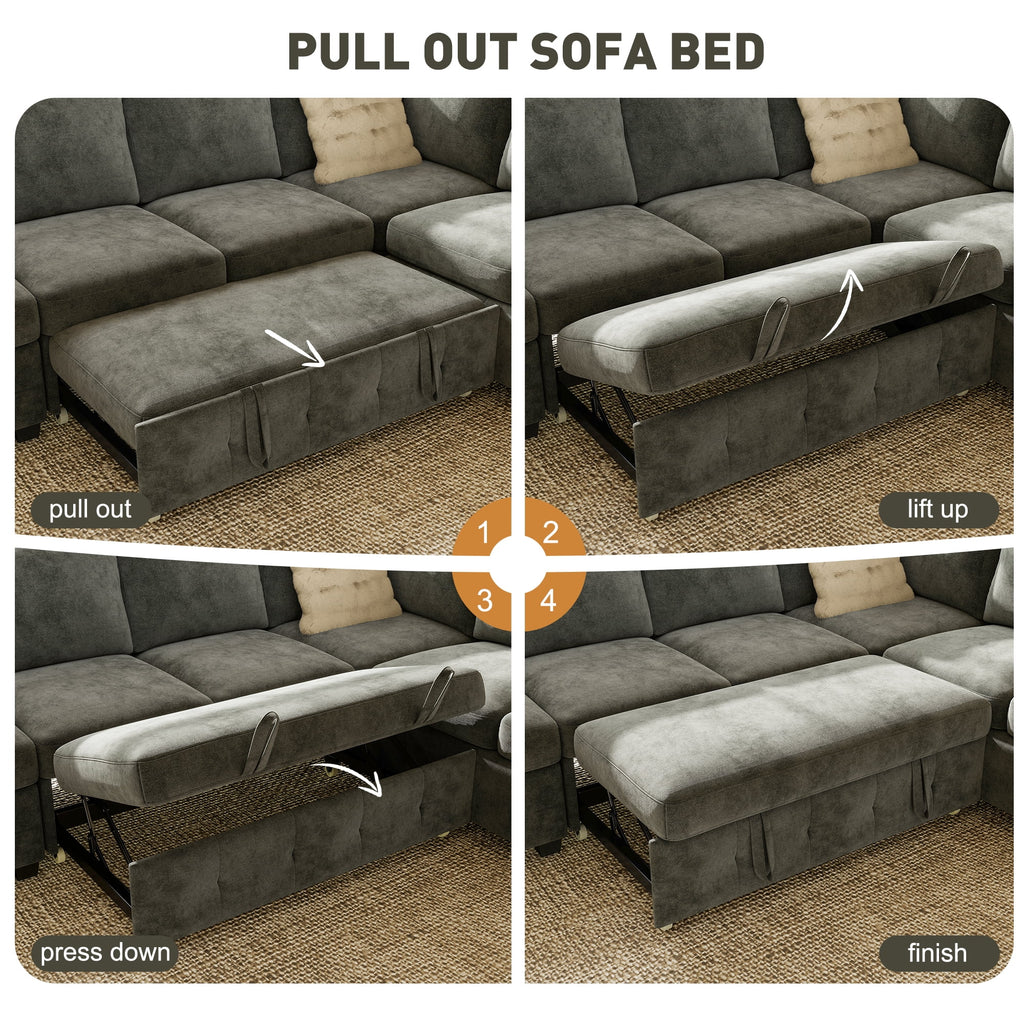 BedLuxury 83 Sectional Sleeper Sofa With Pull Out Bed, Storage Seat & USB Charging, L Shape Modern Couch for Living Room, Corduroy Gray