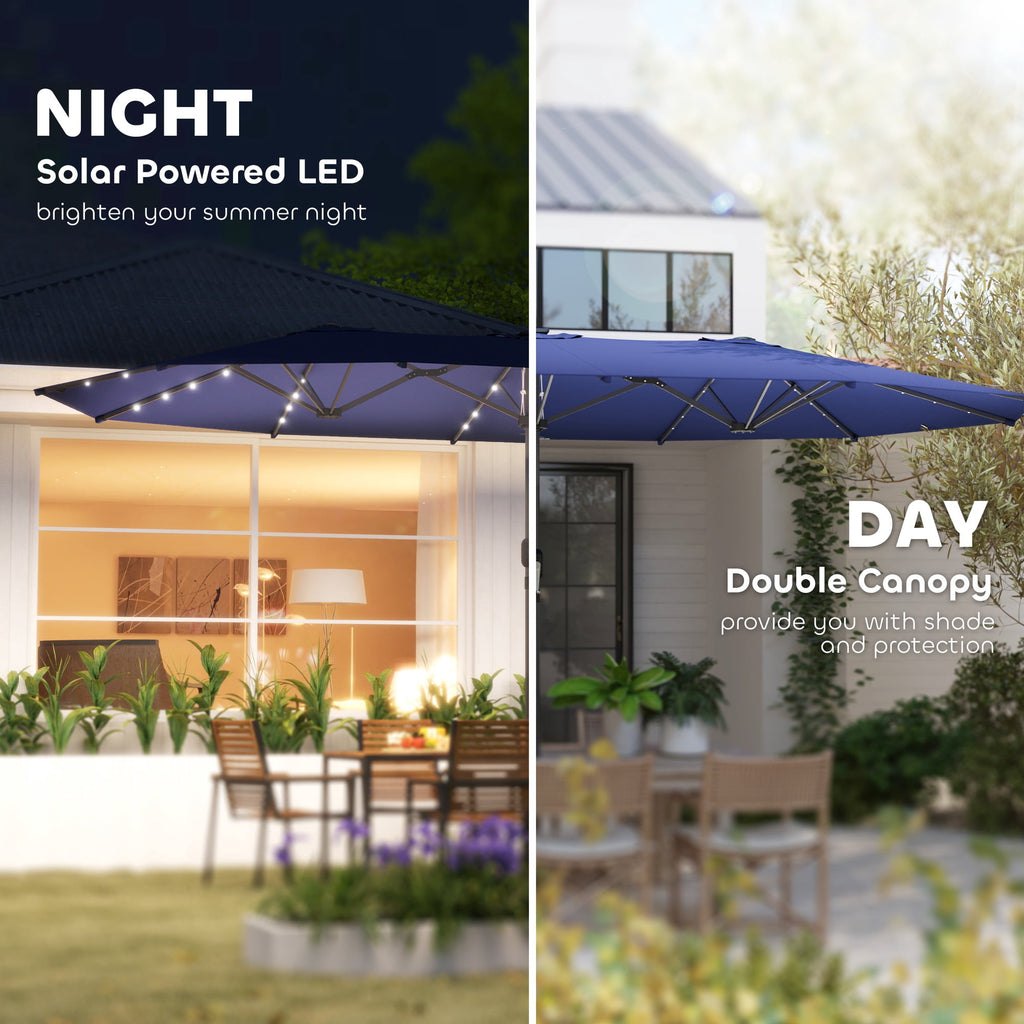 Outsunny Double-Sided Sun Umbrella, Outdoor Garden Parasol, Patio Sun Shade with LED Solar Light, Navy Blue