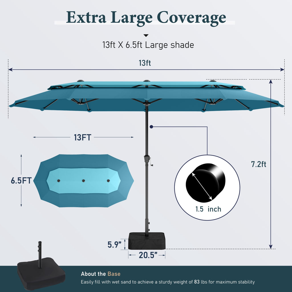 SUMMIT LIVING 13FT Patio Umbrella with Base Included - Double-Vented Rectangle Outdoor Market Umbrella for Patio - Beige