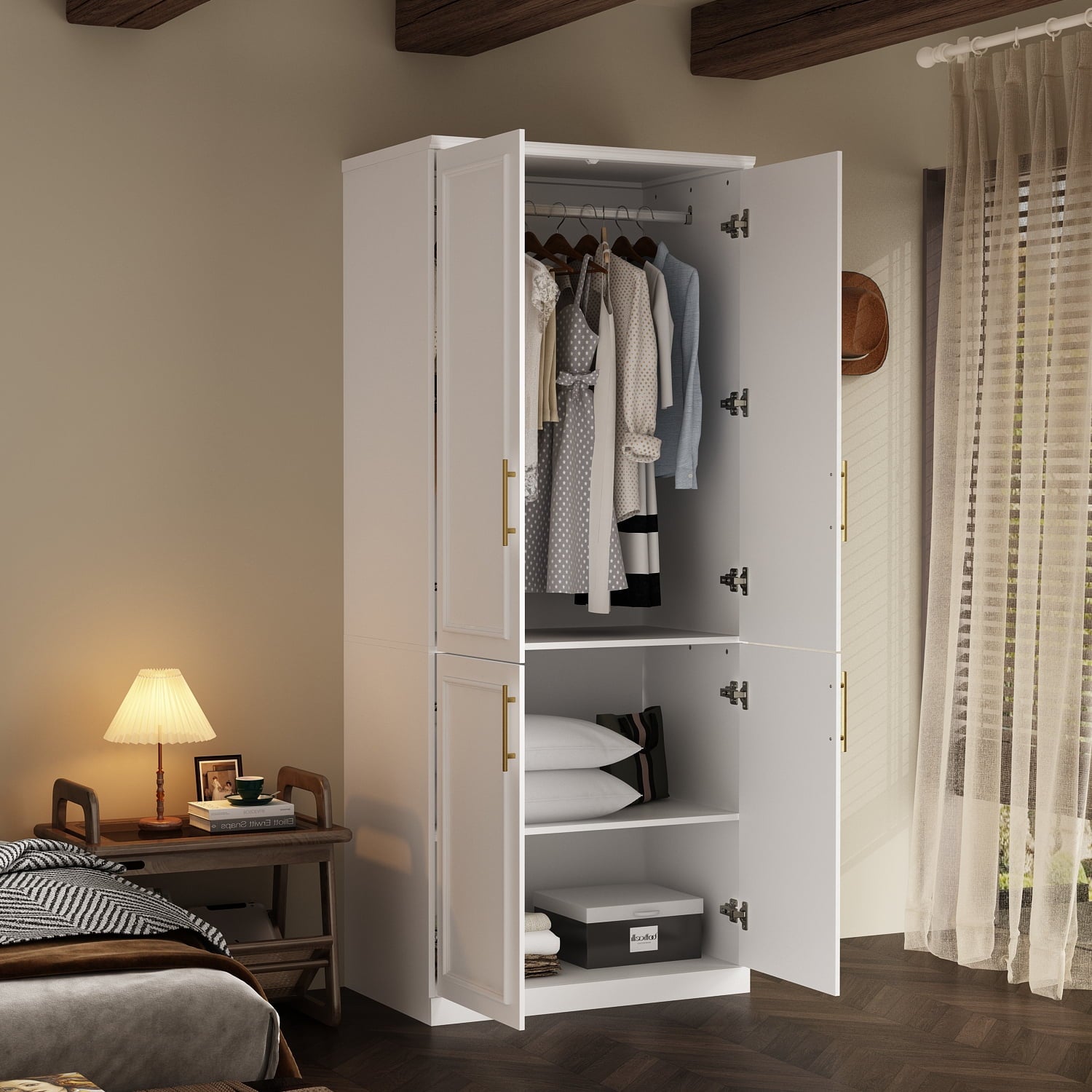 KULAGAGA Wardrobe Closet with Hanging Rod, Modern Wooden Armoire with 4 Framed Doors & 3 Large Shelves, Clothes Storage Cabinet Organizer for Bedroom Apartment, White