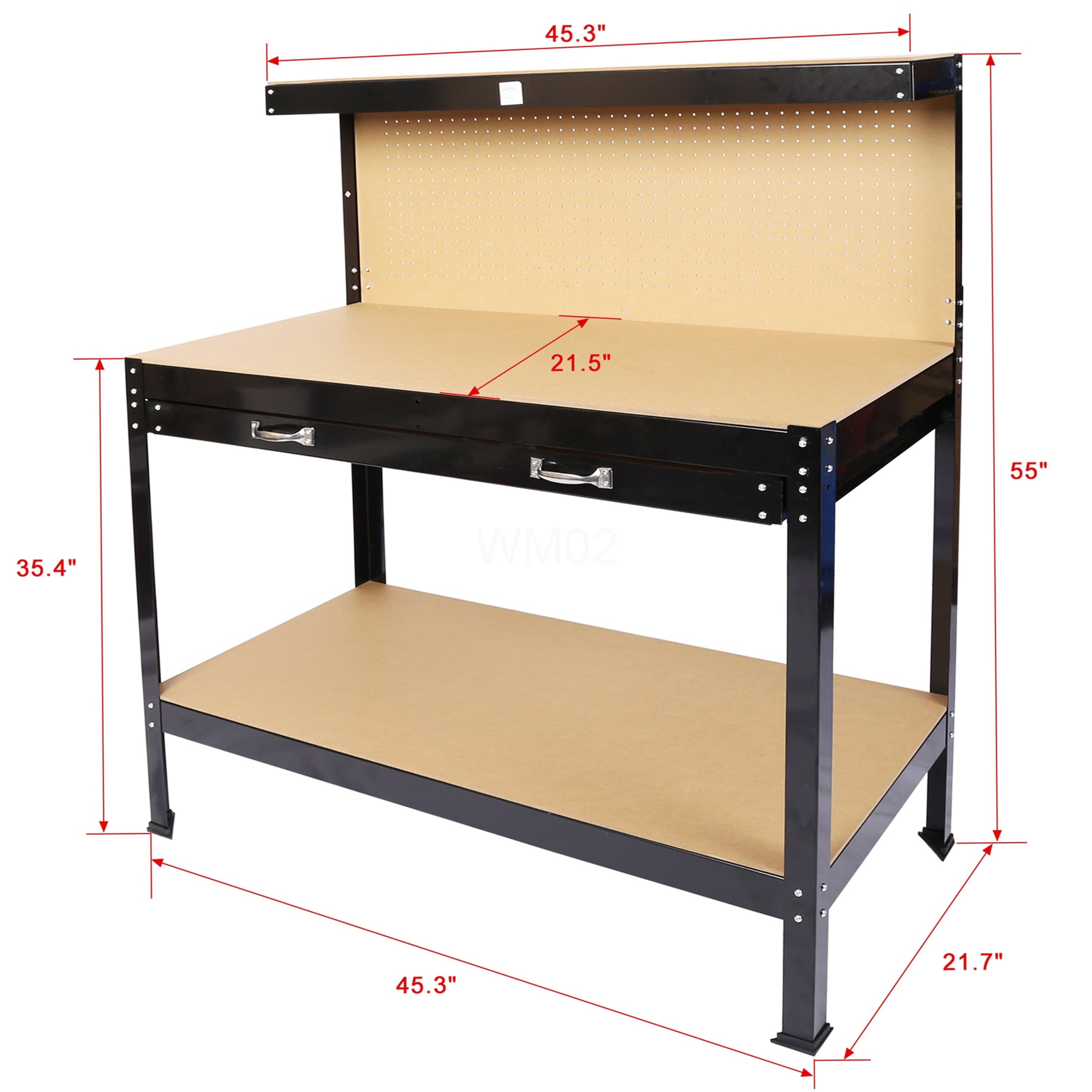 Heavy-Duty Black Workbench with Tool Storage, 300Lbs Capacity, Steel Frame & MDF Top for Garage Workshop