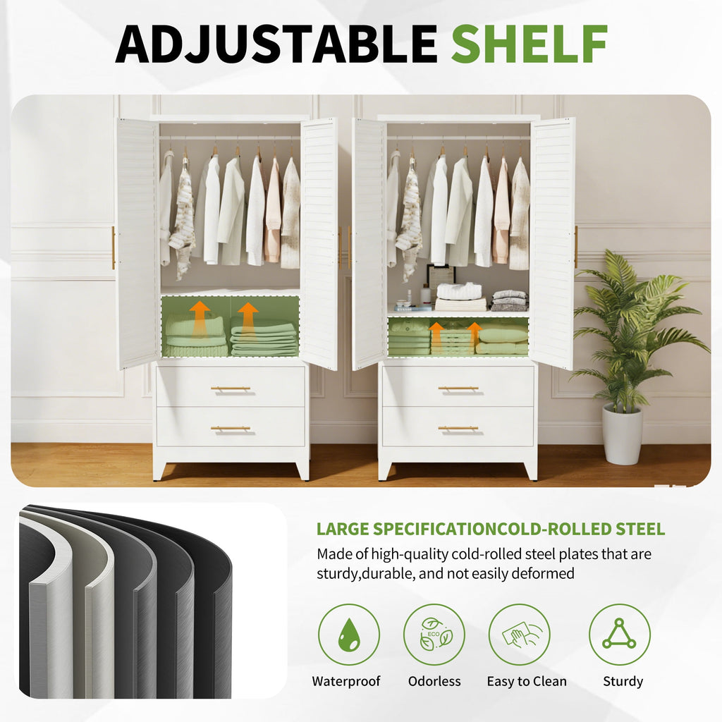 AISWORD 60 Tall Metal Wardrobe Cabinet with 1 Drawer and Hanging Rod, 2 Doors Closet with Adjustable Shelf, White