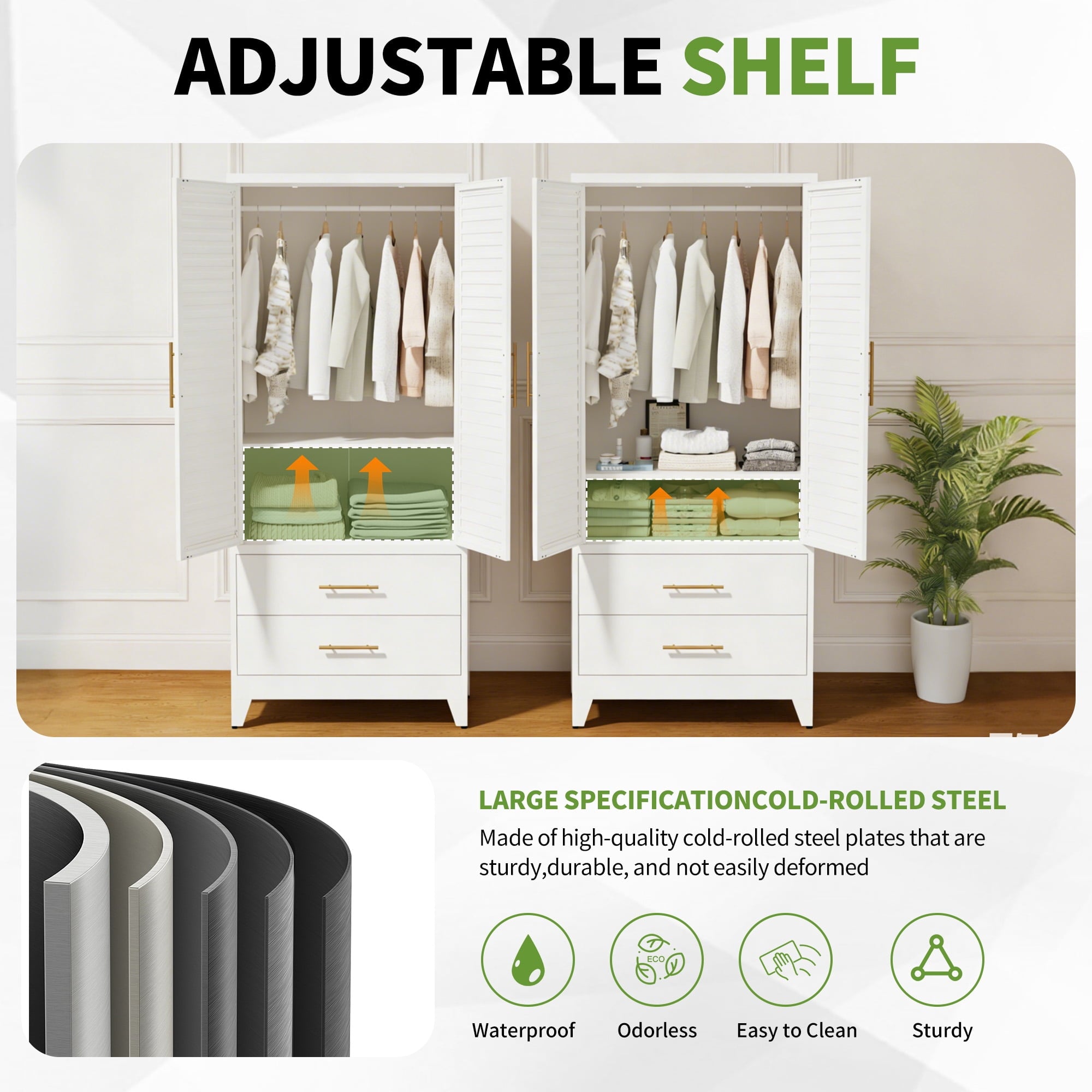 AISWORD 60 Tall Metal Wardrobe Cabinet with 1 Drawer and Hanging Rod, 2 Doors Closet with Adjustable Shelf, White