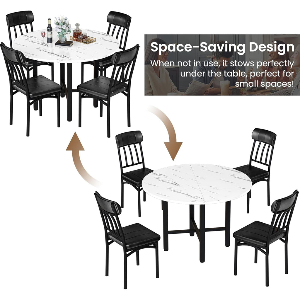 LinkRomat Round Dining Table Set for 4, Modern Dining Room Sets with 4 Faux Leather Chairs, Kitchen Dinner Wooden Table & Chair Set for Small Space, Grey