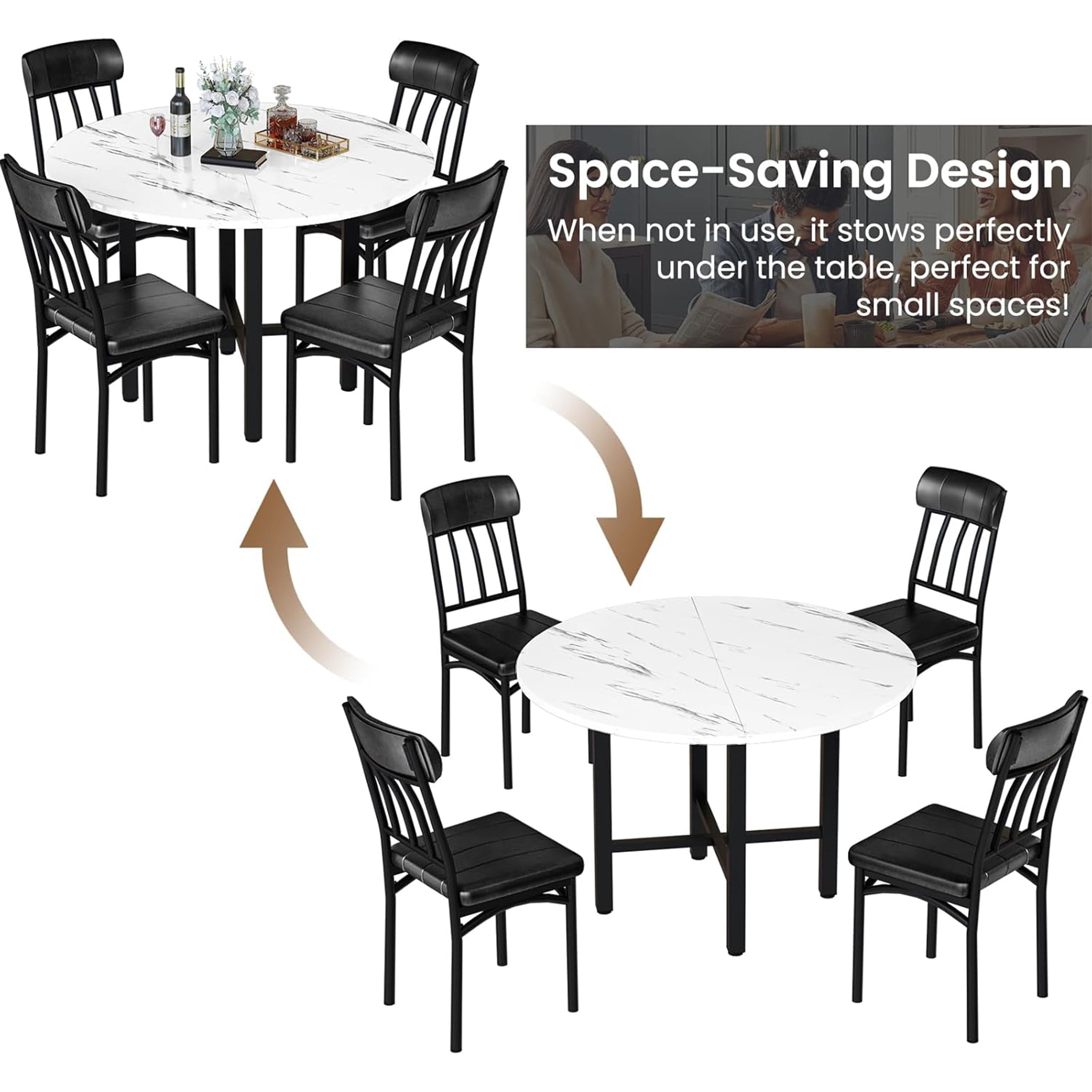 LinkRomat Round Dining Table Set for 4, Modern Dining Room Sets with 4 Faux Leather Chairs, Kitchen Dinner Wooden Table & Chair Set for Small Space, Grey