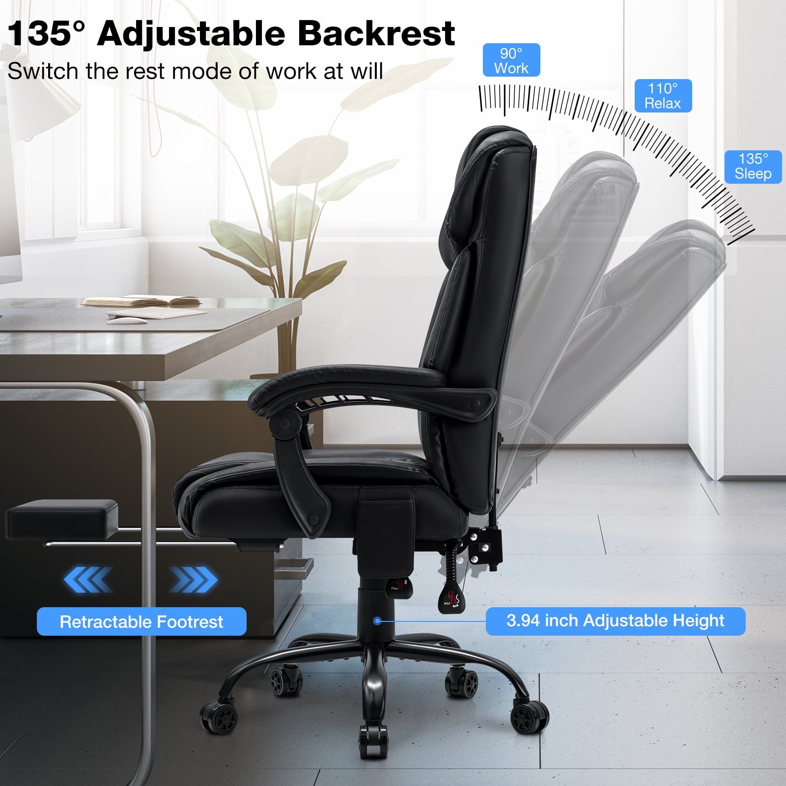 Hoffree Massage Office Chair 400LBS Executive Office Chair Massage and Footrest Big and Tall Office Chair with Heated Lumbar Support, Ergonomic Computer Desk Chair Reclining High Back Leather Office