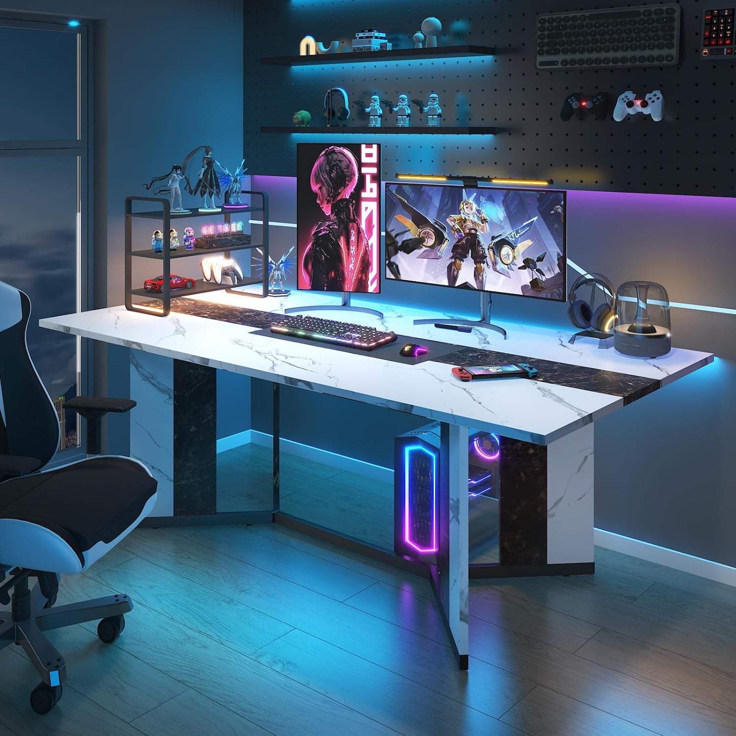 71 inch Large Rectangular Dining Table for 6-8 People, Dining Table with Marble-Color Wood Waterproof Tabletop and Adjustable Leg, 6ft Luxurious Family Dinner Table for Office Kitchen Living Room