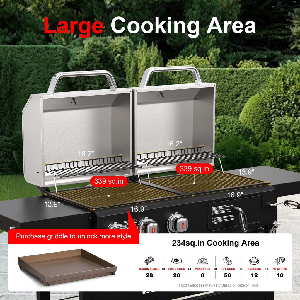 Brand Man Propane 6-Burner Combo Gas Grill with Flat Top Griddle, Heavy Duty 2-in-1 BBQ with Stainless Steel Lids for Outdoor Barbecue