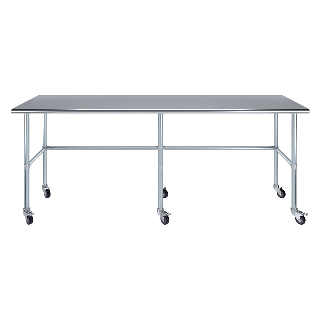 AmGood 36 Long x 30 Deep Stainless-Steel Work Table with Open Base and Wheels, Mobile Metal Table