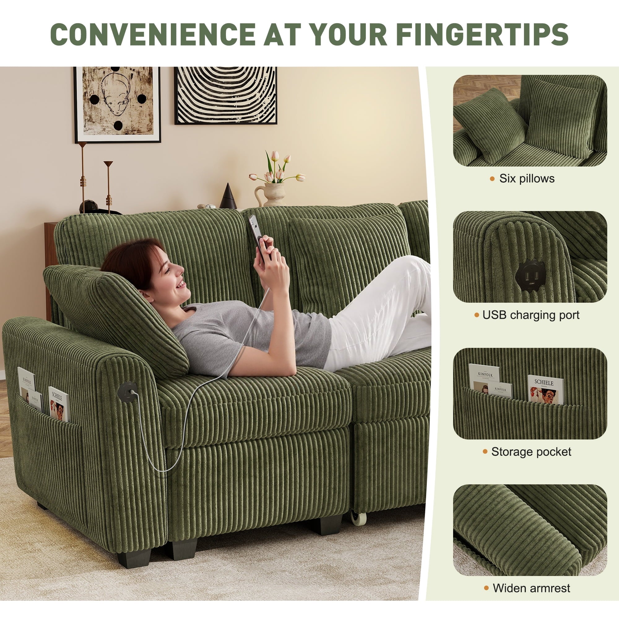 BedLuxury 83 Sectional Sleeper Sofa With Pull Out Bed, Storage Seat & USB Charging, L Shape Modern Couch for Living Room, Corduroy Gray