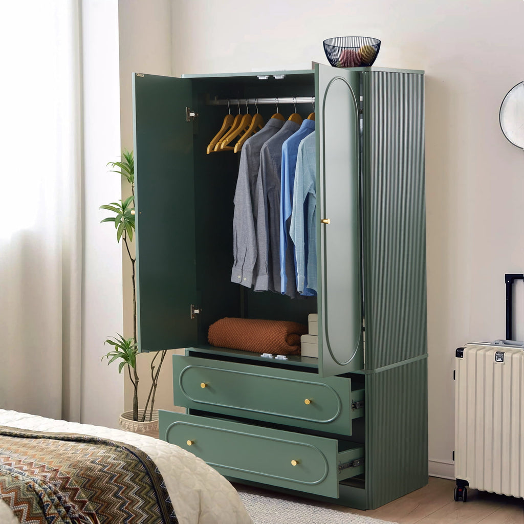 Wirrytor Freestanding Wooden Armoire Wardrobe with 2 Woven Doors and Storage Drawers, Space-Saving Closet Cabinet for Bedroom, Sturdy Mdf Board Closet with Hanging Rail
