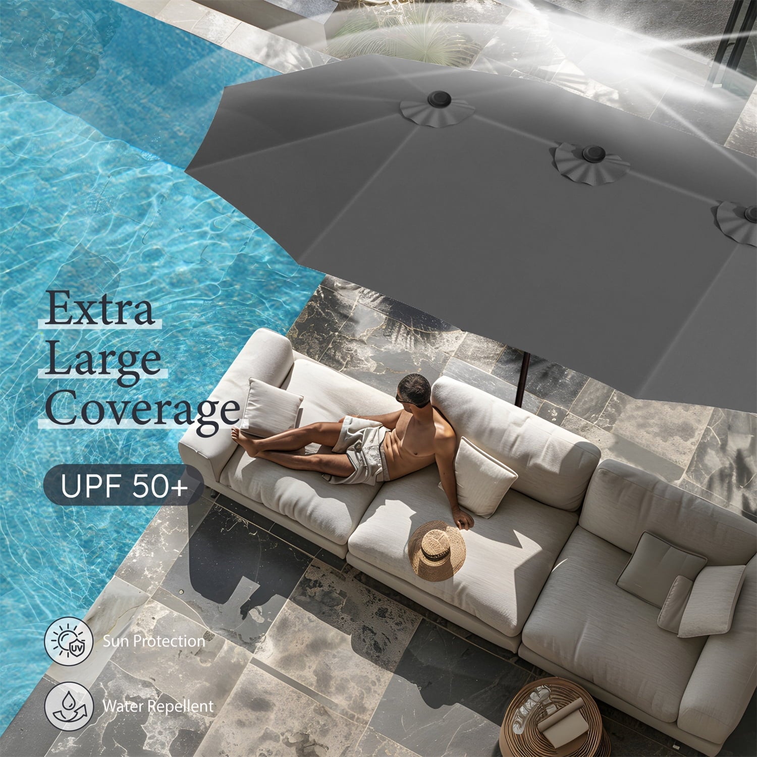 SUMMIT LIVING 15 ft Large Patio Umbrella with Base (Included) Double-Sided Rectangular Outdoor Deck Umbrella for Outside - Beige