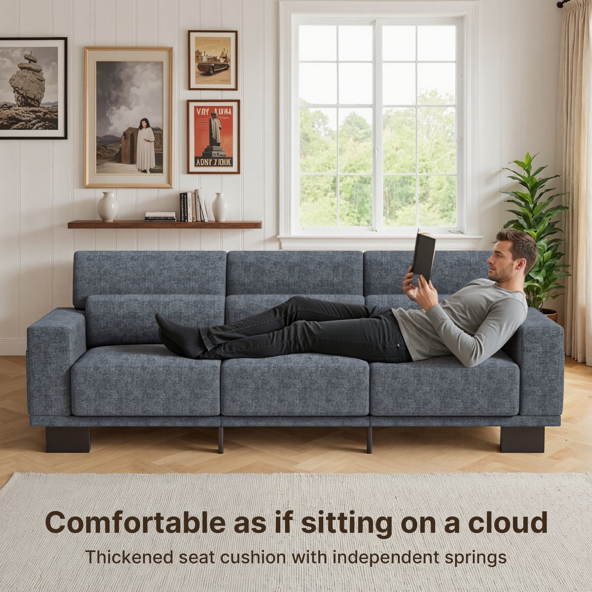 Asofer 89 3 Seater Sofa Couch,  Comfy Extra Deep Seat with Upholstered  3 Pillows for Living Room, Apartment,Dark Gray