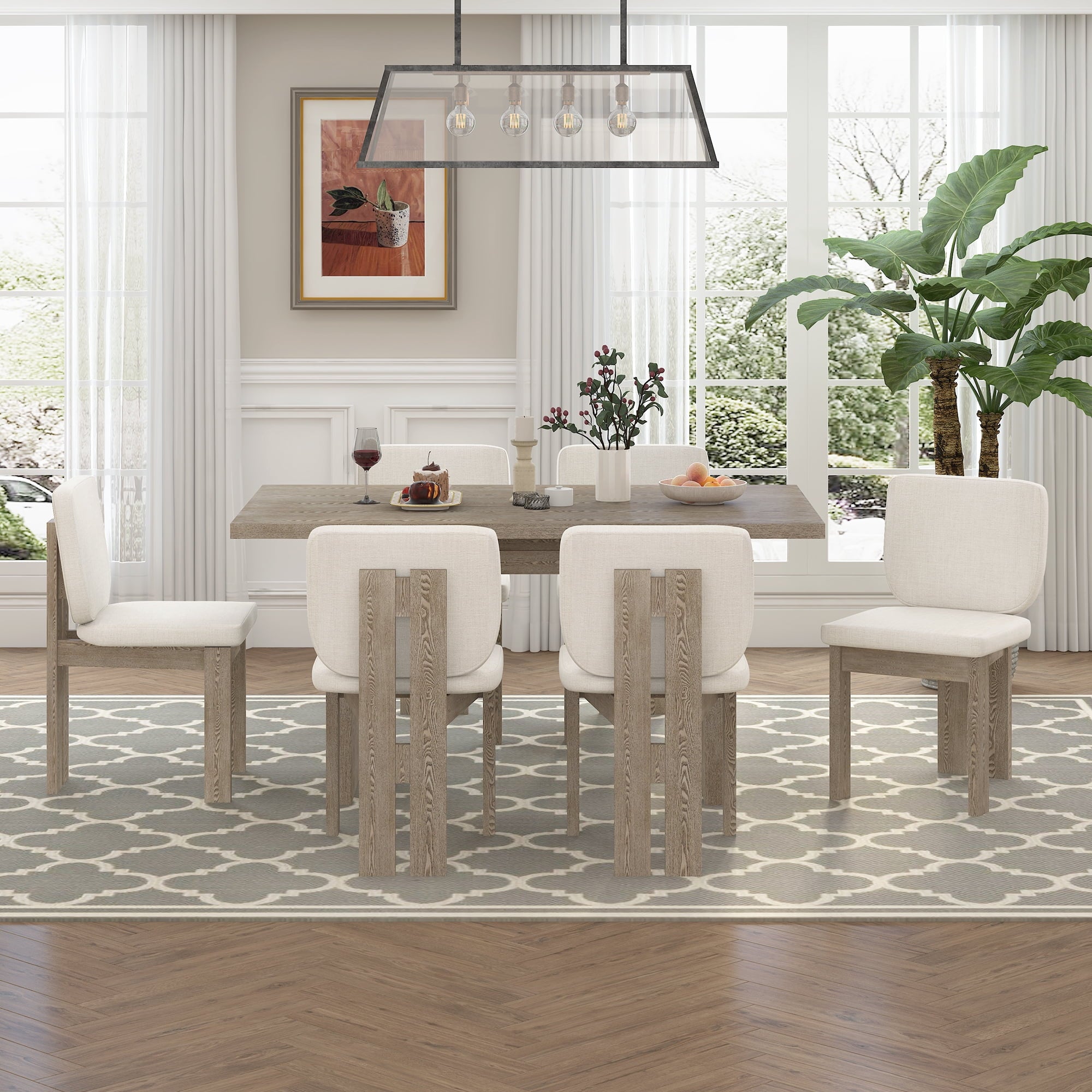Harper & Bright Designs 7 Pieces Retro Dining Set for 6, Wood Rectangular Table with Designed Trestle Base and 6 Upholstered Chairs for Dining Room and Kitchen, Grey