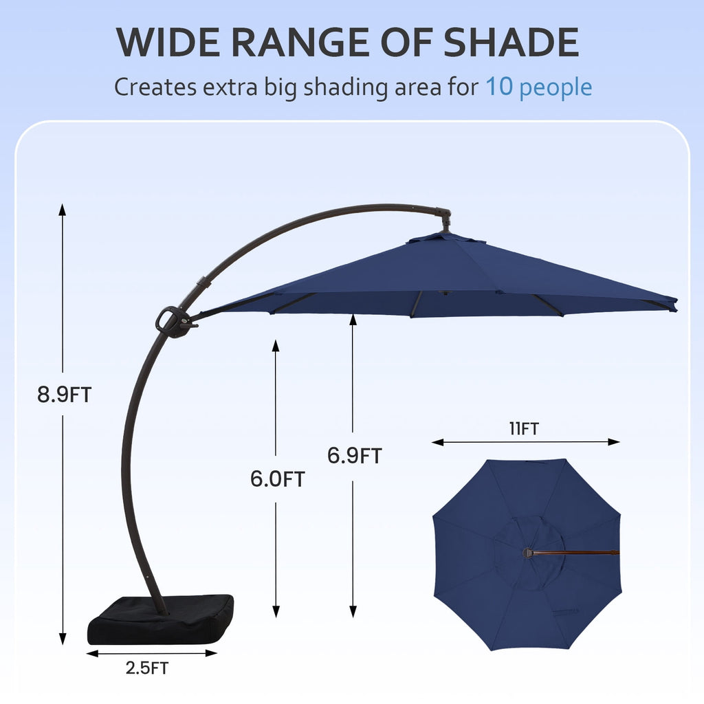 FUNDAZE 11ft Market Patio Umbrella with Base, Curved Cantilever Hanging Sun Shade with Crank & Tilt for Garden, Deck, Poolside,Beige