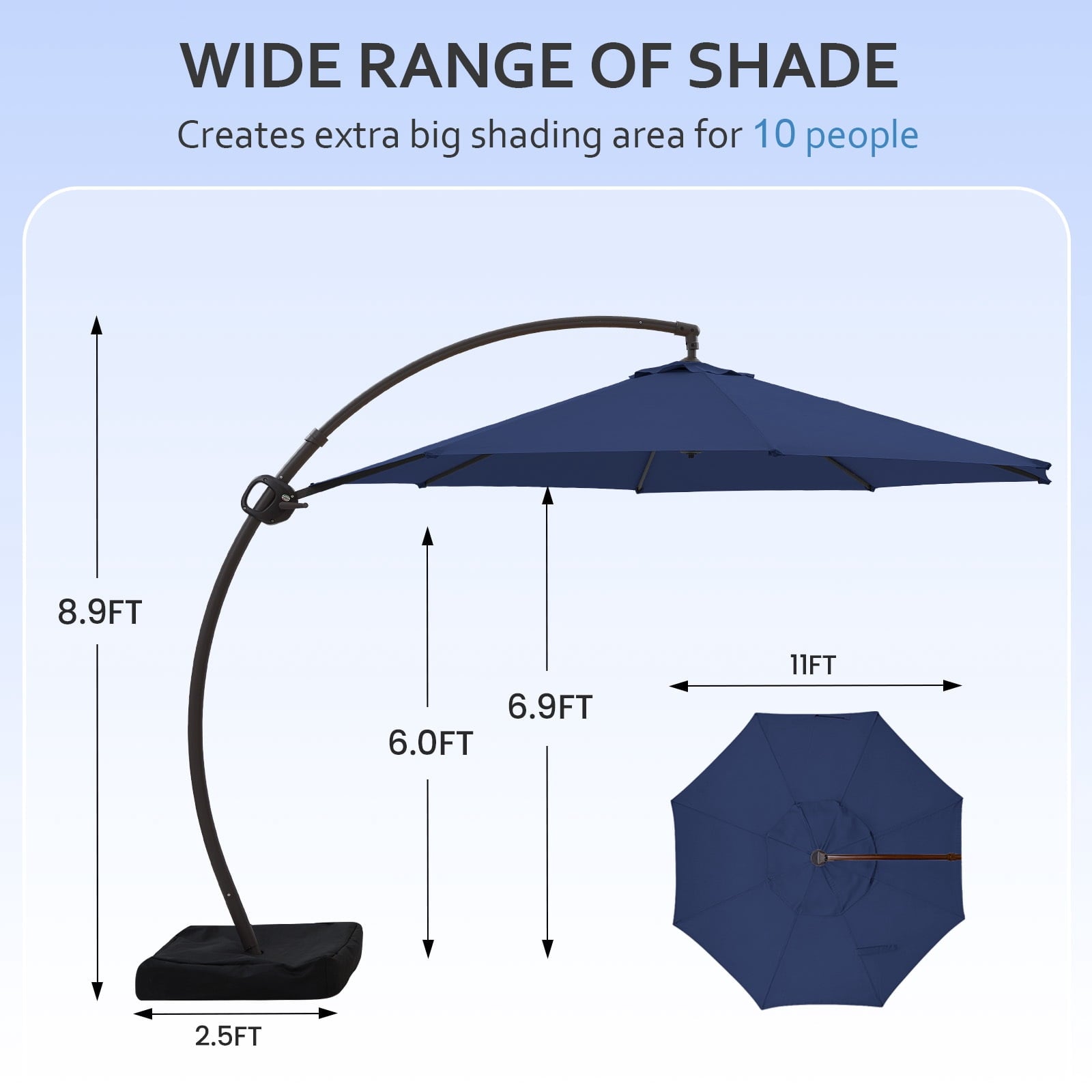 FUNDAZE 11ft Market Patio Umbrella with Base, Curved Cantilever Hanging Sun Shade with Crank & Tilt for Garden, Deck, Poolside,Beige