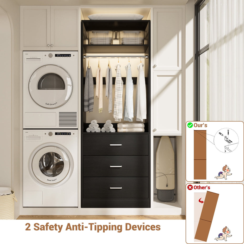 Homieasy Freestanding 2FT Closet System with 3 Wood Drawers, 24 Closet Organizer System with Hanging Rod & Shelves, Walk-in Closet Systems for Small Closets, White