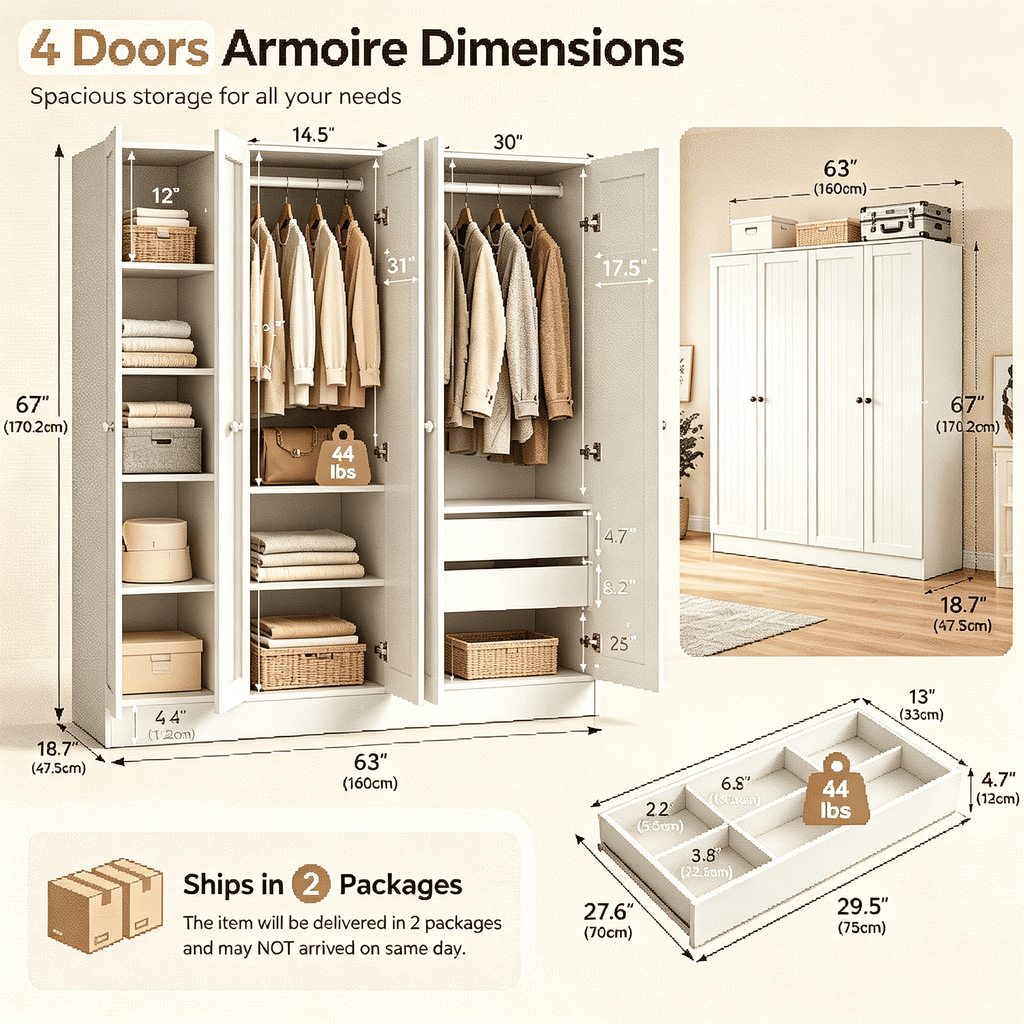 Laisnet 67H Armoire Wardrobe Closet with 4 Doors and 2 Drawers, Adjustable Shelves & Hanging Rods for Bedroom, White