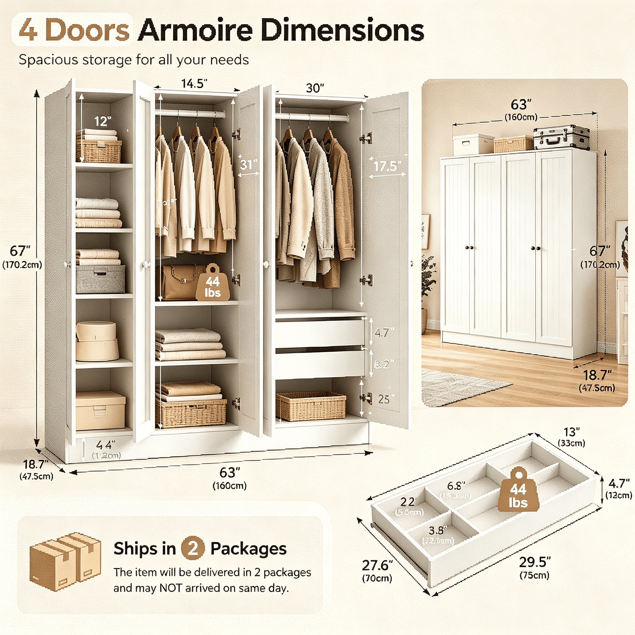 Laisnet 67H Armoire Wardrobe Closet with 4 Doors and 2 Drawers, Adjustable Shelves & Hanging Rods for Bedroom, White