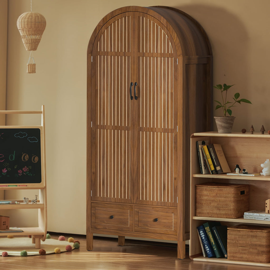 Oubayajia Arched Armoire Wardrobe Closet with Fluted Doors, Wooden Wardrobe Closet with Drawers, Shelves and Hanging Rod for Bedroom