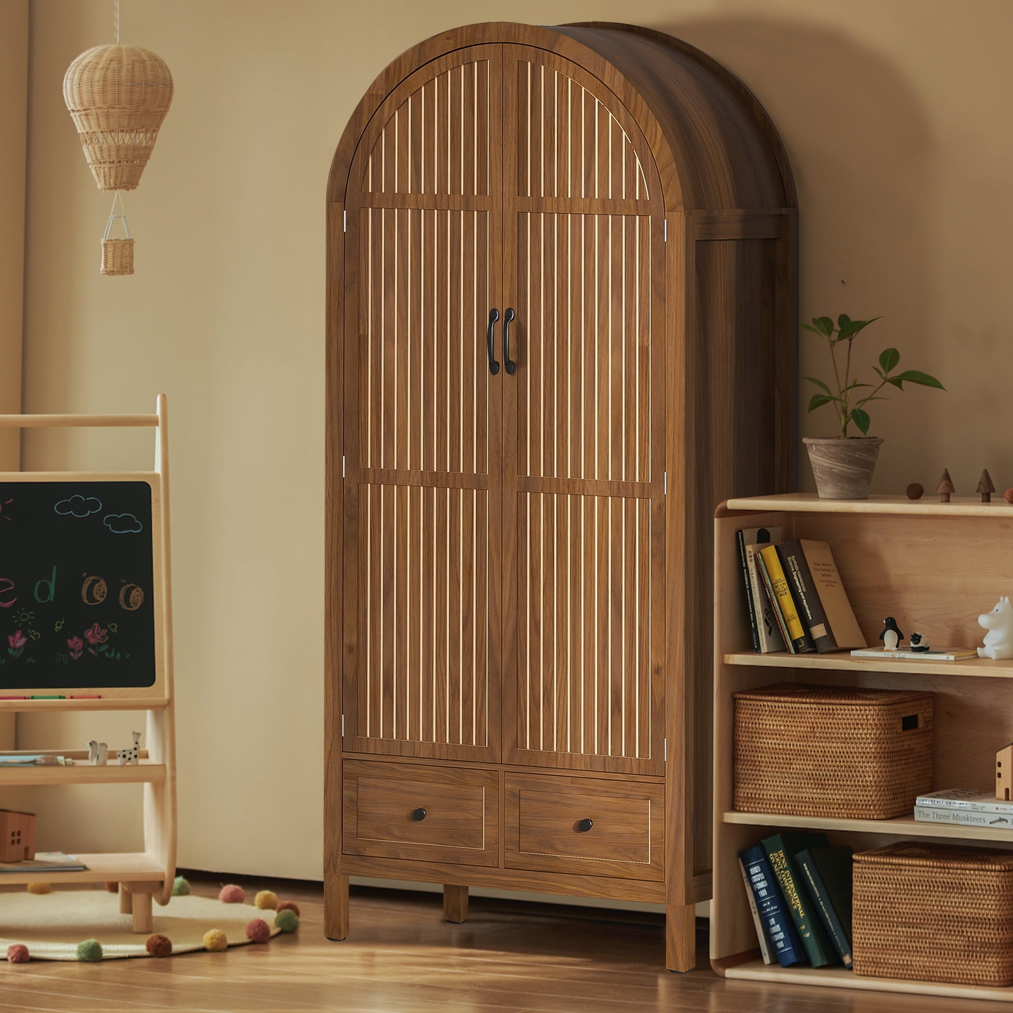 Oubayajia Arched Armoire Wardrobe Closet with Fluted Doors, Wooden Wardrobe Closet with Drawers, Shelves and Hanging Rod for Bedroom