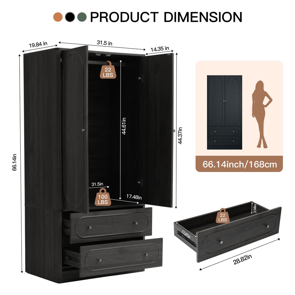 Wirrytor Freestanding Wooden Armoire Wardrobe with 2 Woven Doors and Storage Drawers, Space-Saving Closet Cabinet for Bedroom, Sturdy Mdf Board Closet with Hanging Rail