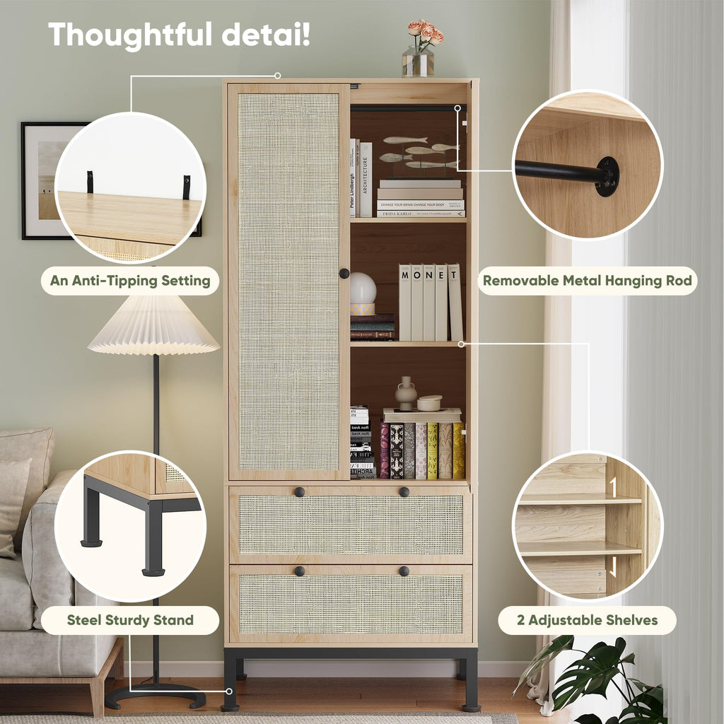 Brafabhome 67H Fluted Armoire Wardrobe Closet with Drawer, Wooden 2 Doors Wardrobe Cabinet with Hanging Rod & Adjustable Shelf for Bedroom | Whitewash