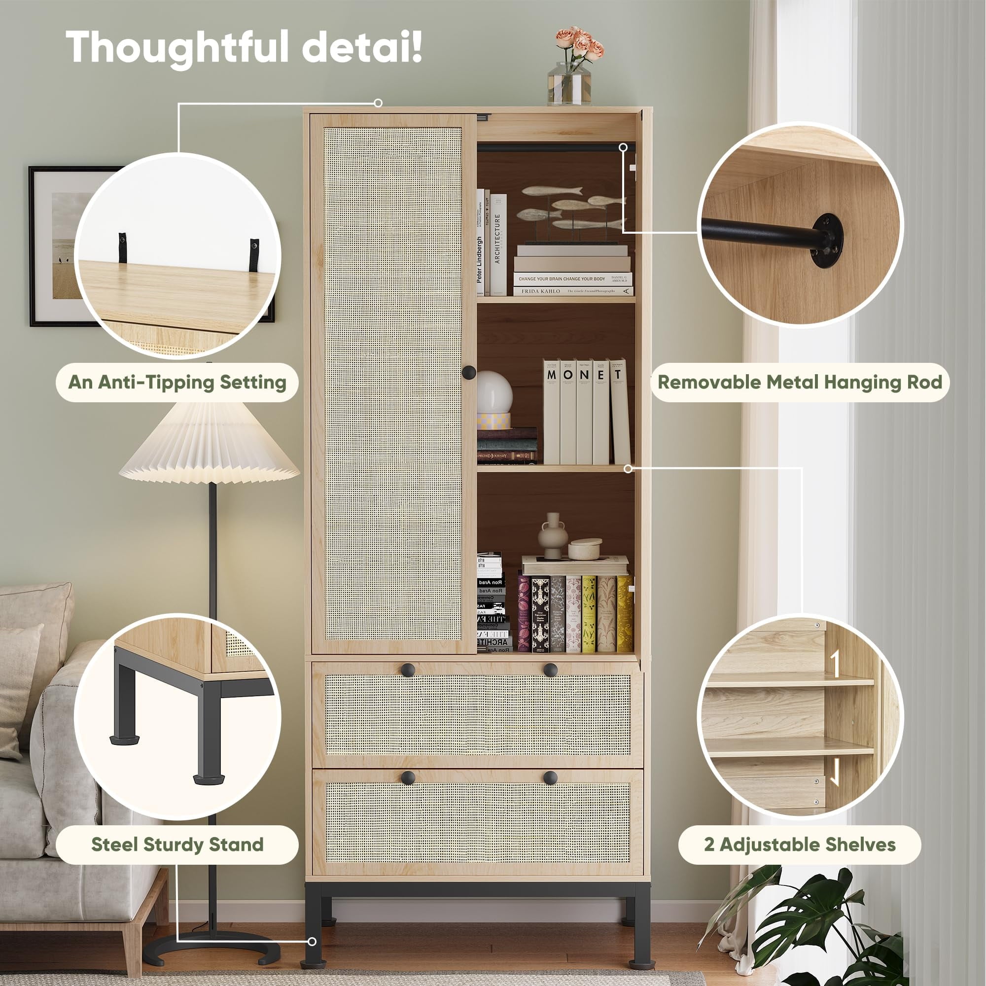 Brafabhome 67H Fluted Armoire Wardrobe Closet with Drawer, Wooden 2 Doors Wardrobe Cabinet with Hanging Rod & Adjustable Shelf for Bedroom | Whitewash