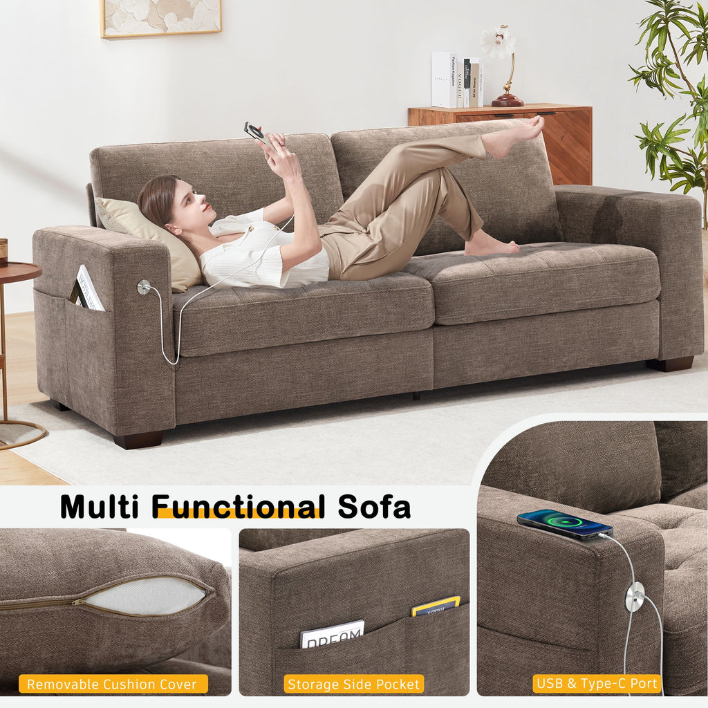 Bedluxury 89 Deep Sofa Couch with USB/Type-C Charging, Storage Pocket & Wide Armrest, Removable Cover, Seats 3 Adults, Chenille Beige