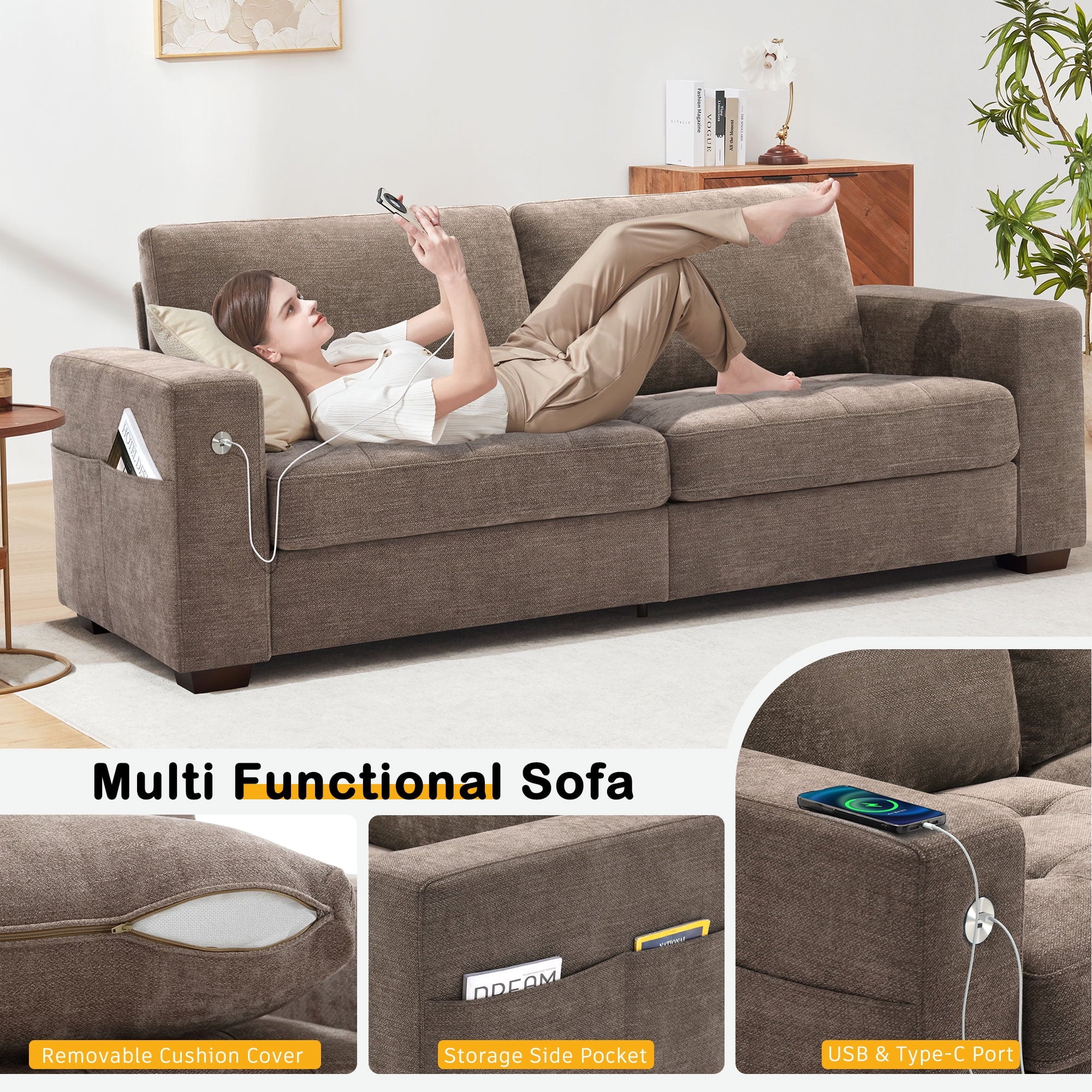 Bedluxury 89 Deep Sofa Couch with USB/Type-C Charging, Storage Pocket & Wide Armrest, Removable Cover, Seats 3 Adults, Chenille Beige