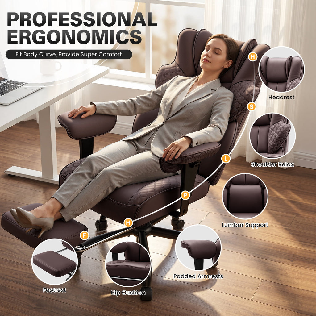 COOLHUT Big and Tall Office Chair 500lbs, Heavy Duty Ergonomic Office Desk Chair with Deluxe Embossing PU Leather with Footrest, Executive Gaming Chair with Lumbar Support, Brown