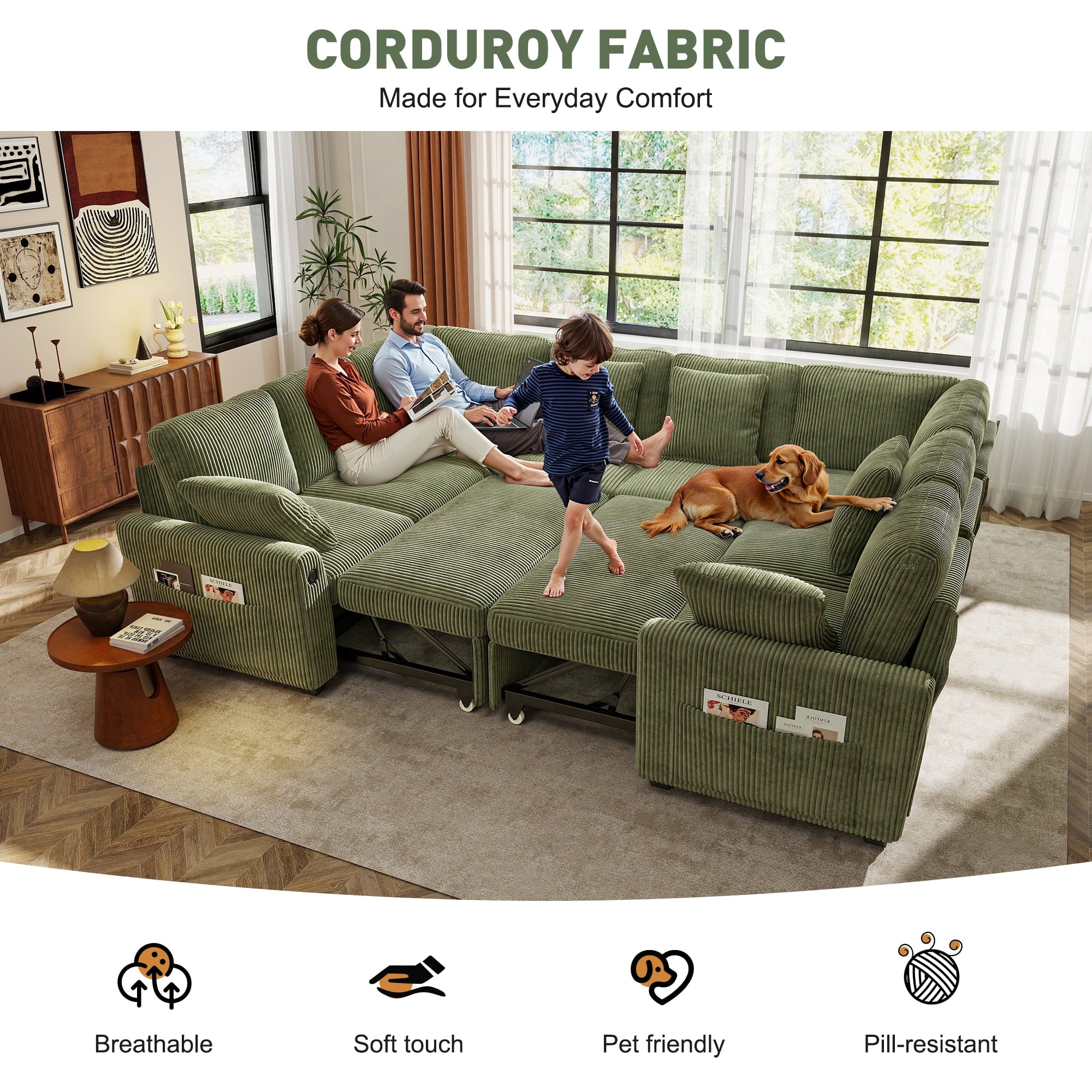 BedLuxury 83 Sectional Sleeper Sofa With Pull Out Bed, Storage Seat & USB Charging, L Shape Modern Couch for Living Room, Corduroy Gray