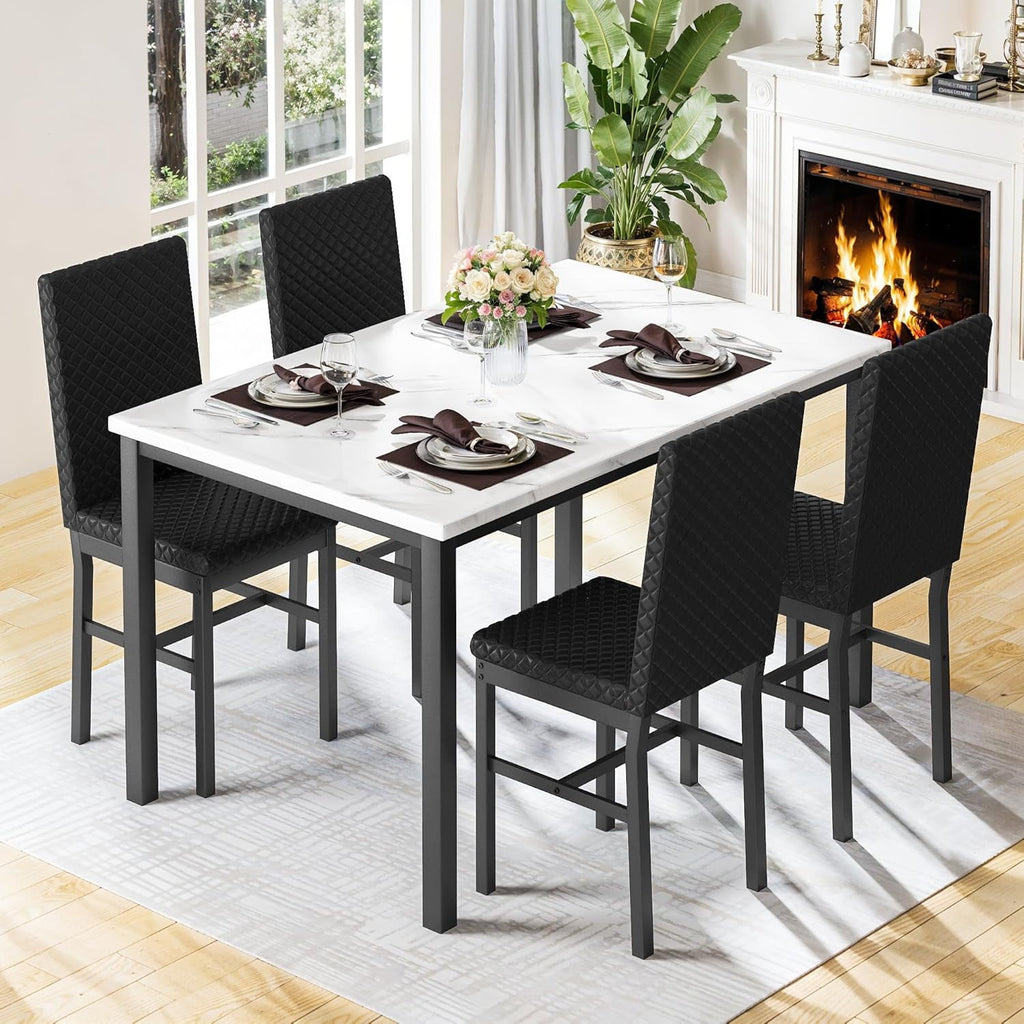 Baxluxe Dining Table Set for 4, Modern 5 Piece Dining Table Set, Faux Marble Kitchen Table and 4 Velvet Upholstered Chairs for Apartments, Dining Rooms, Small Spaces, Gray