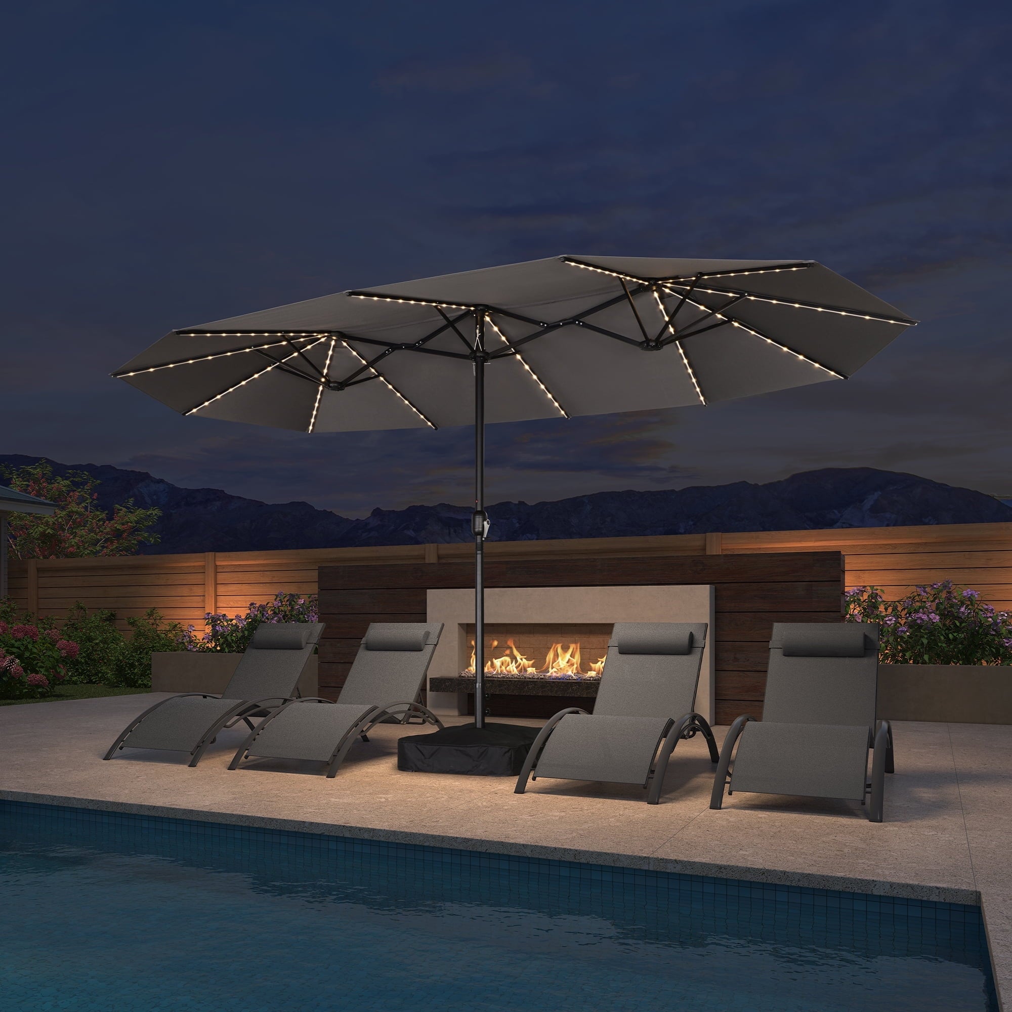 PURPLE LEAF 13ft Market Patio Umbrella with Solar LED and Base Double-Sided Sun Umbrellas for Pool Beach Deck Backyard Taupe