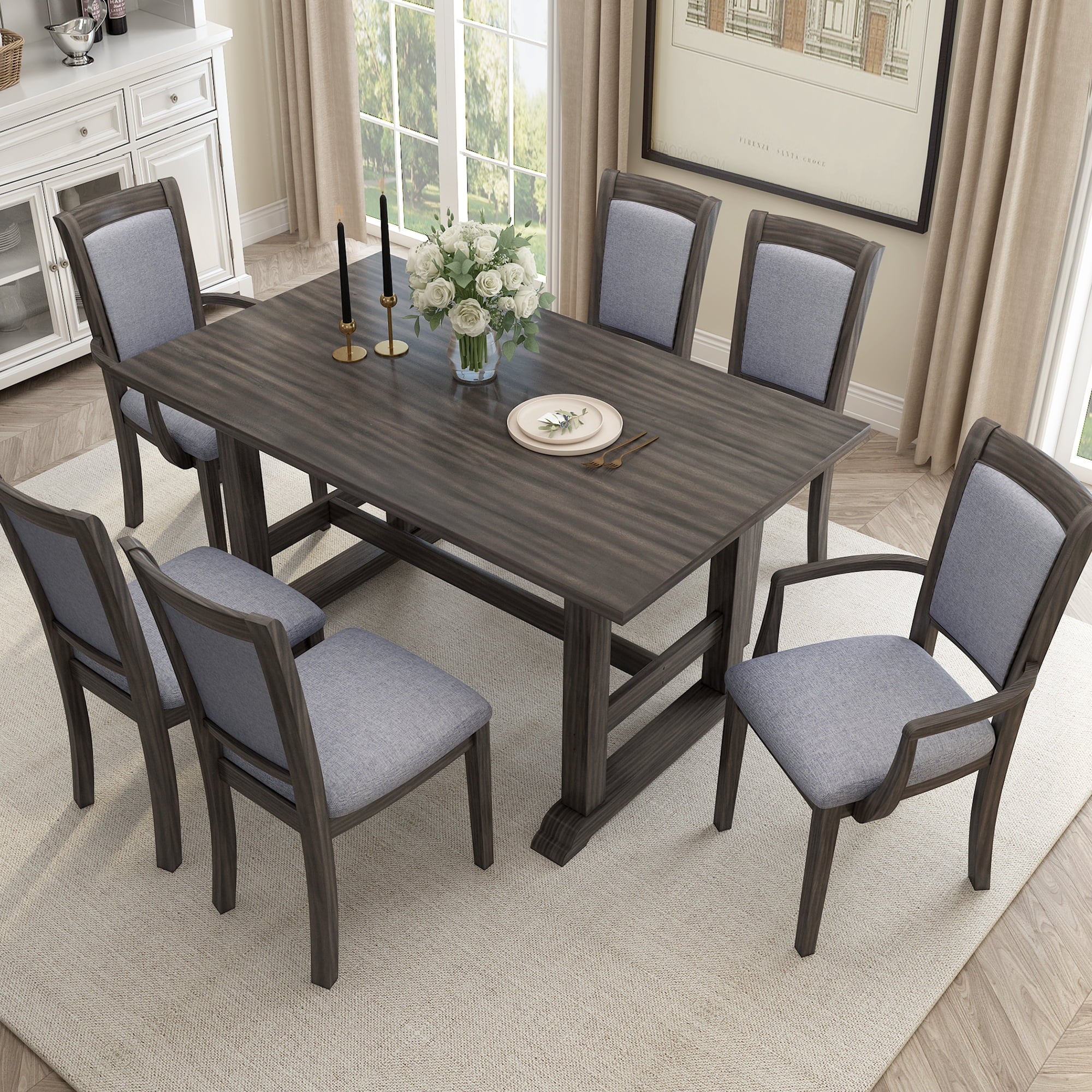 Harper & Bright Designs 7 Pieces Retro Dining Set for 6, Wood Rectangular Table with Designed Trestle Base and 6 Upholstered Chairs for Dining Room and Kitchen, Grey