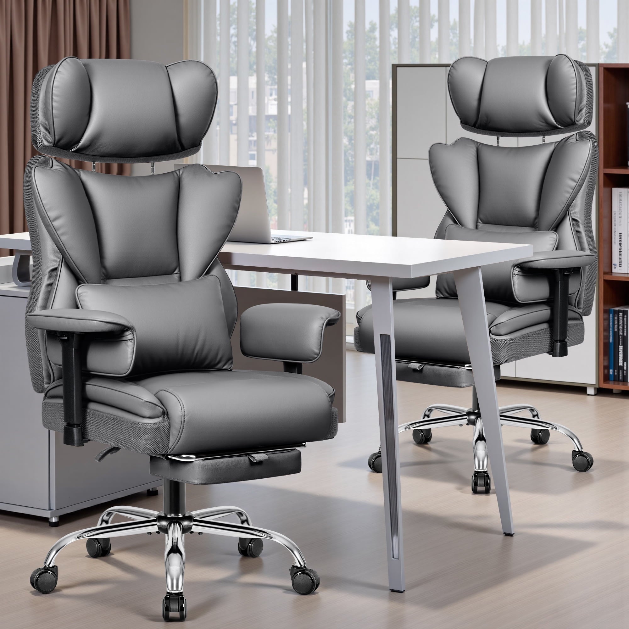 COOLHUT Big and Tall PU Leather Office Chair with Adjustable Headrest & Footrest, Executive Computer Desk Chair with 3D Adjustable Padded Armrest, Ergonomic Office Chair with Lumbar Support, Black