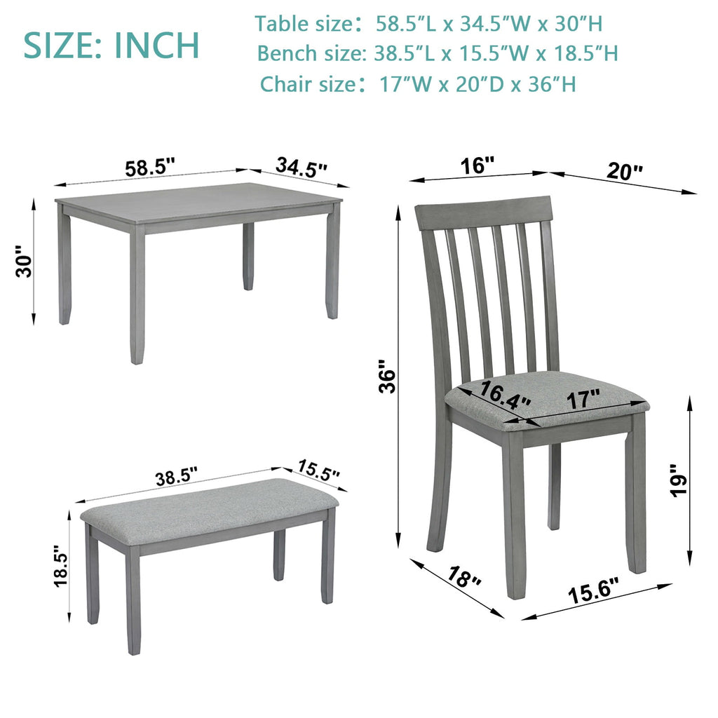Dining Room Set, LEGAHOME 6 Piece Dining Sets with Bench and Chairs, Solid Wood Kitchen Dining Table Set for 6 with Upholstered Chairs, Gray