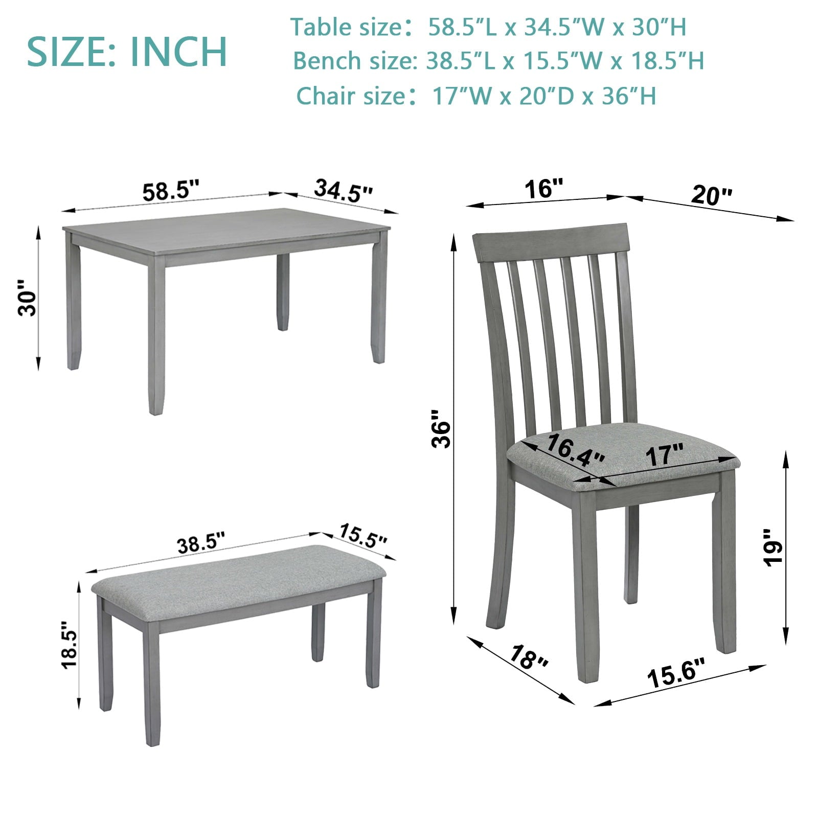 Dining Room Set, LEGAHOME 6 Piece Dining Sets with Bench and Chairs, Solid Wood Kitchen Dining Table Set for 6 with Upholstered Chairs, Gray