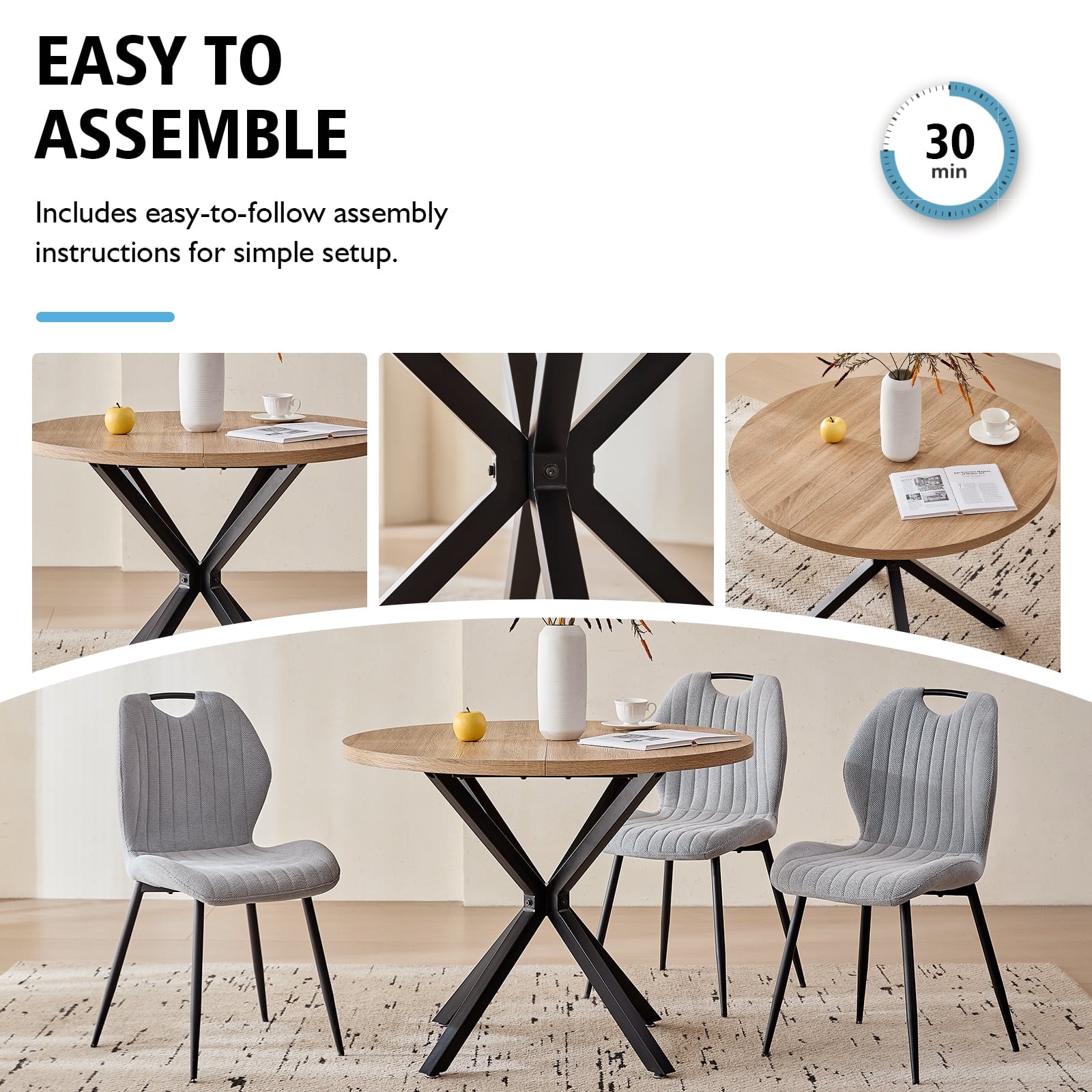 5 Piece 39 Round Dining Table Set for 4, Mid Century Kitchen Table with 4 Khaki Fabric Upholstered Dining Chairs for Apartment Living Room, Space Saving Table.