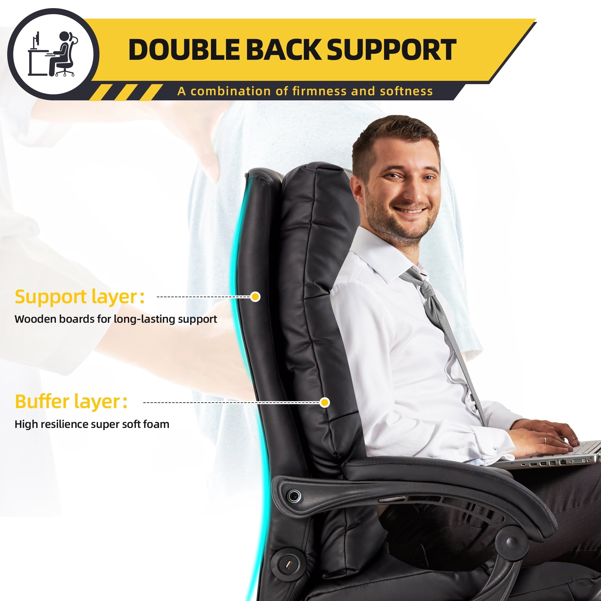 HOMREST Ergonomic Office Chair with 6-Point Massage & Heating, Adjustable Executive Desk Chair with Retractable Footrest, PU Leather Home Office Desk Chair for Home & Office (Black)