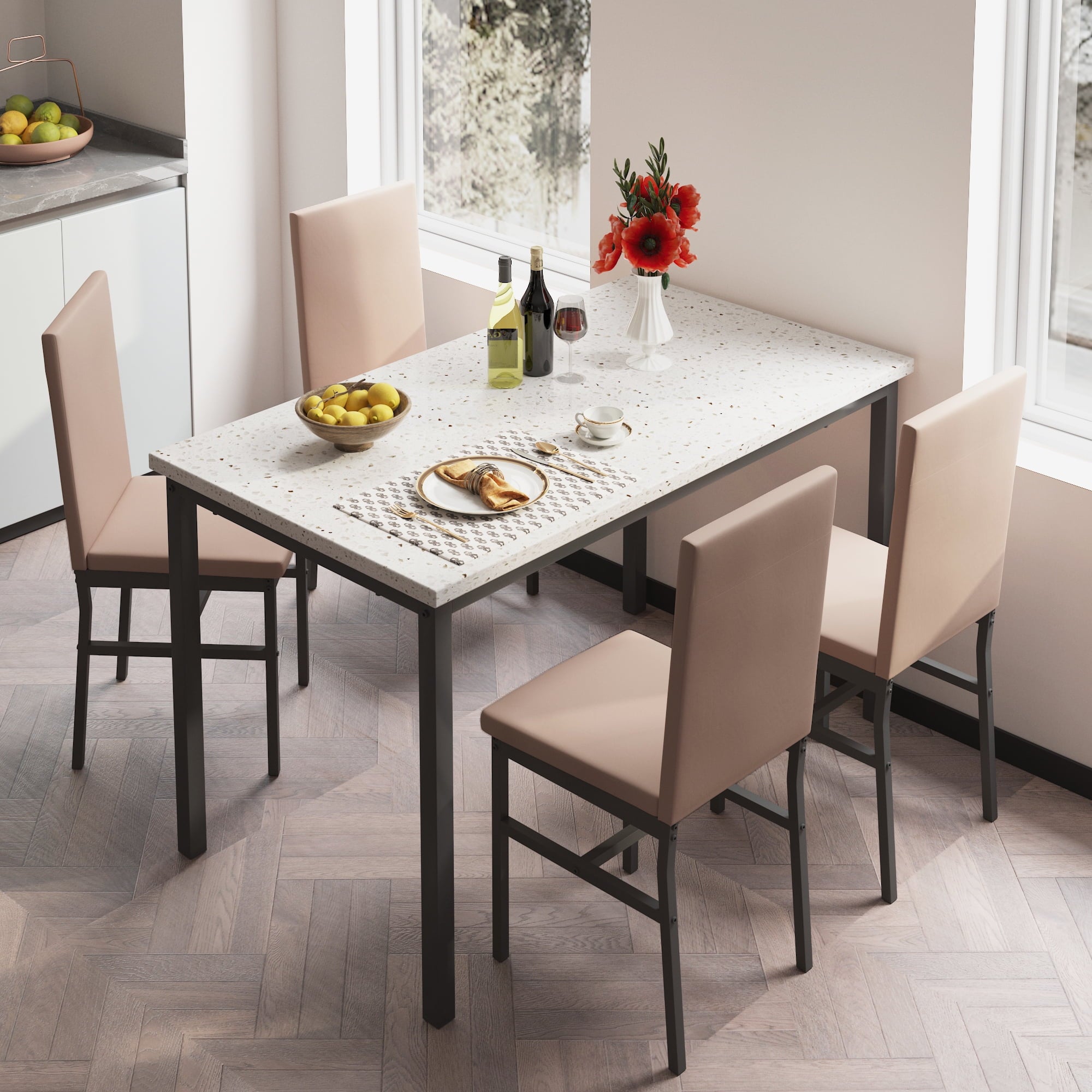 SYNGAR 5 Piece Dining Set, Modern Dining Table and Chairs Set for 4, Kitchen Dining Table Set with Faux Marble Tabletop & 4 Upholstered Chairs, for Small Space, Breakfast Nook, D9224