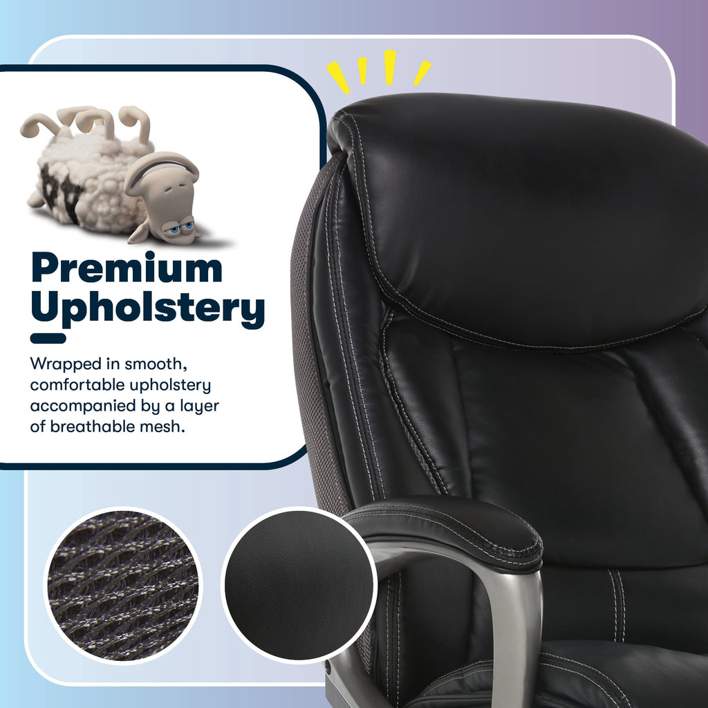 Serta Lautner Executive Home Office Desk Chair, Ergonomic High-Back with Adjustable Lumbar and Body Pillows, SmartLayers and ComfortCoils Technology, Mesh and Bonded Leather, Black and Gray